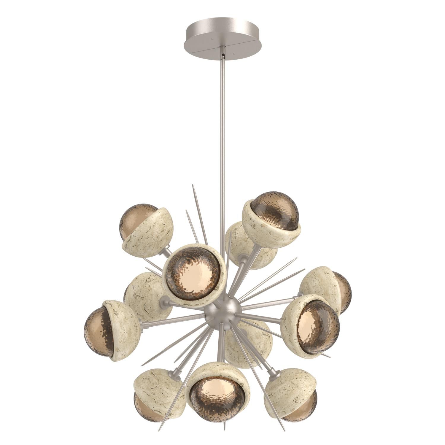 Shown in Beige Silver finish and Bronze glass and Travertine Stone accent