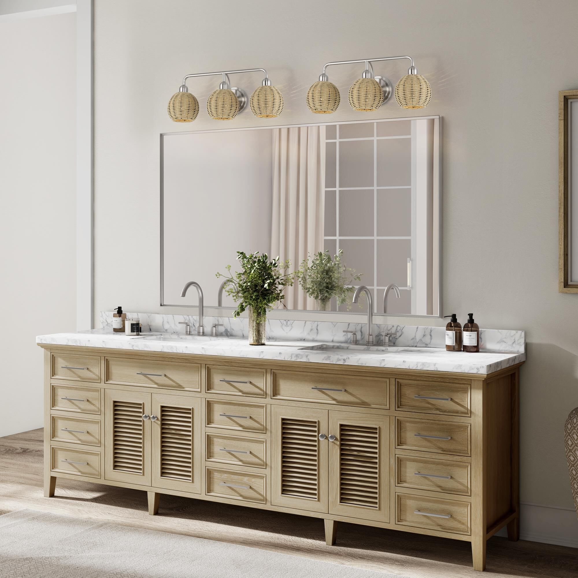 Shown in Brushed Nickel finish and Hand-Woven French Beige Paper Rope shade