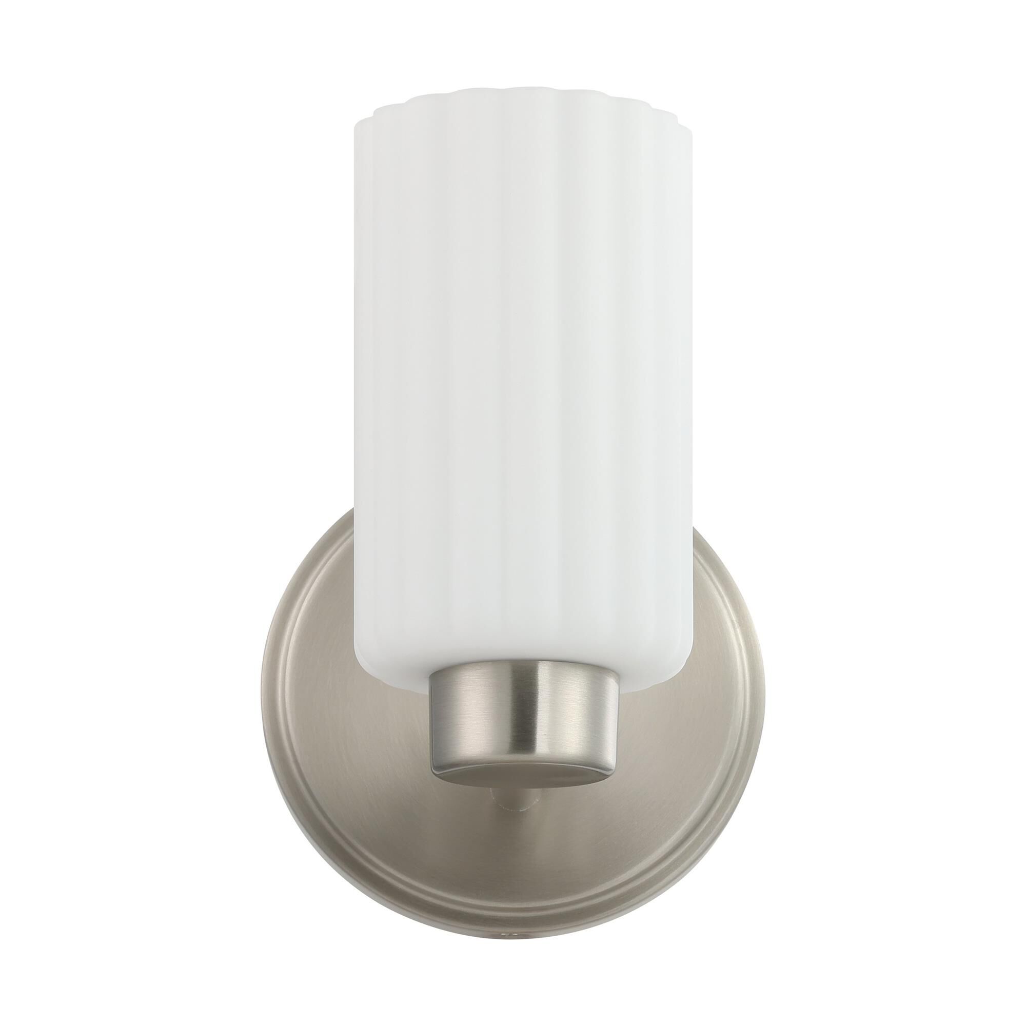 Shown in Brushed Nickel finish and Etched Opal Ribbed glass