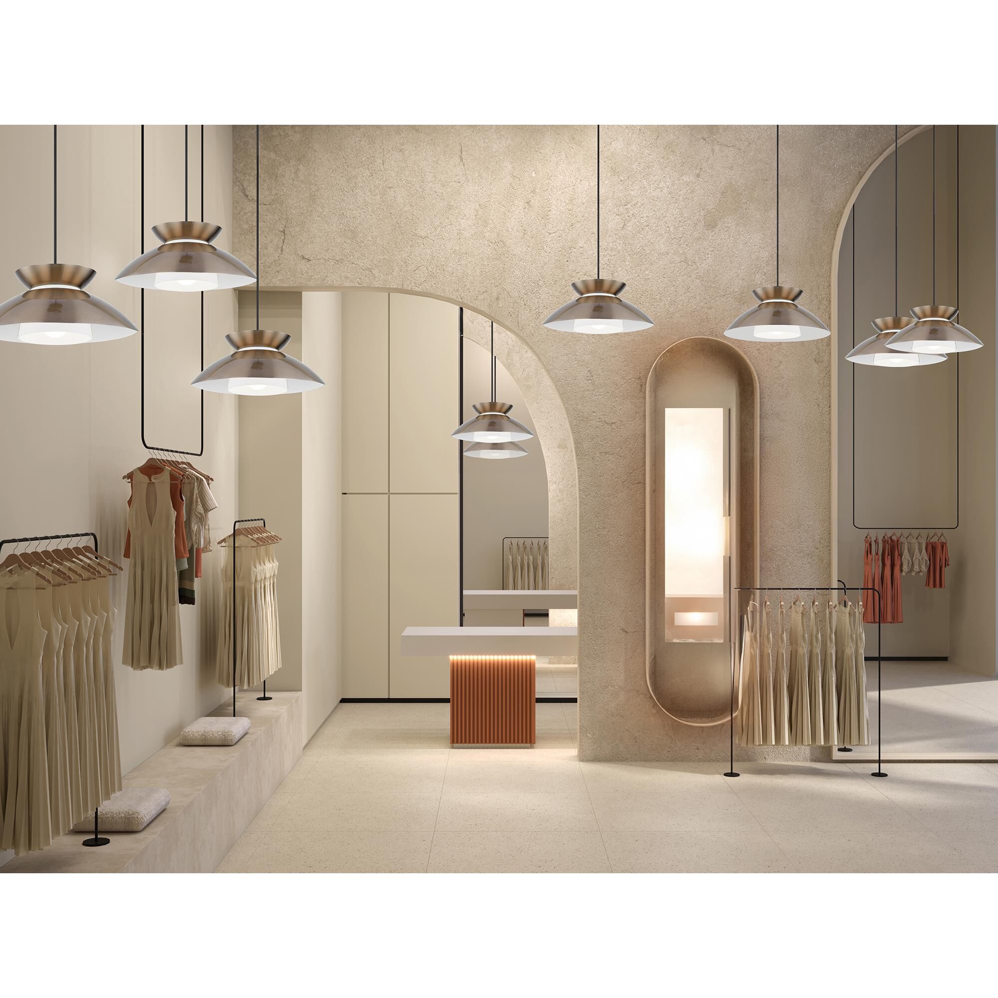 Shown in Brushed Brass finish and Opal glass