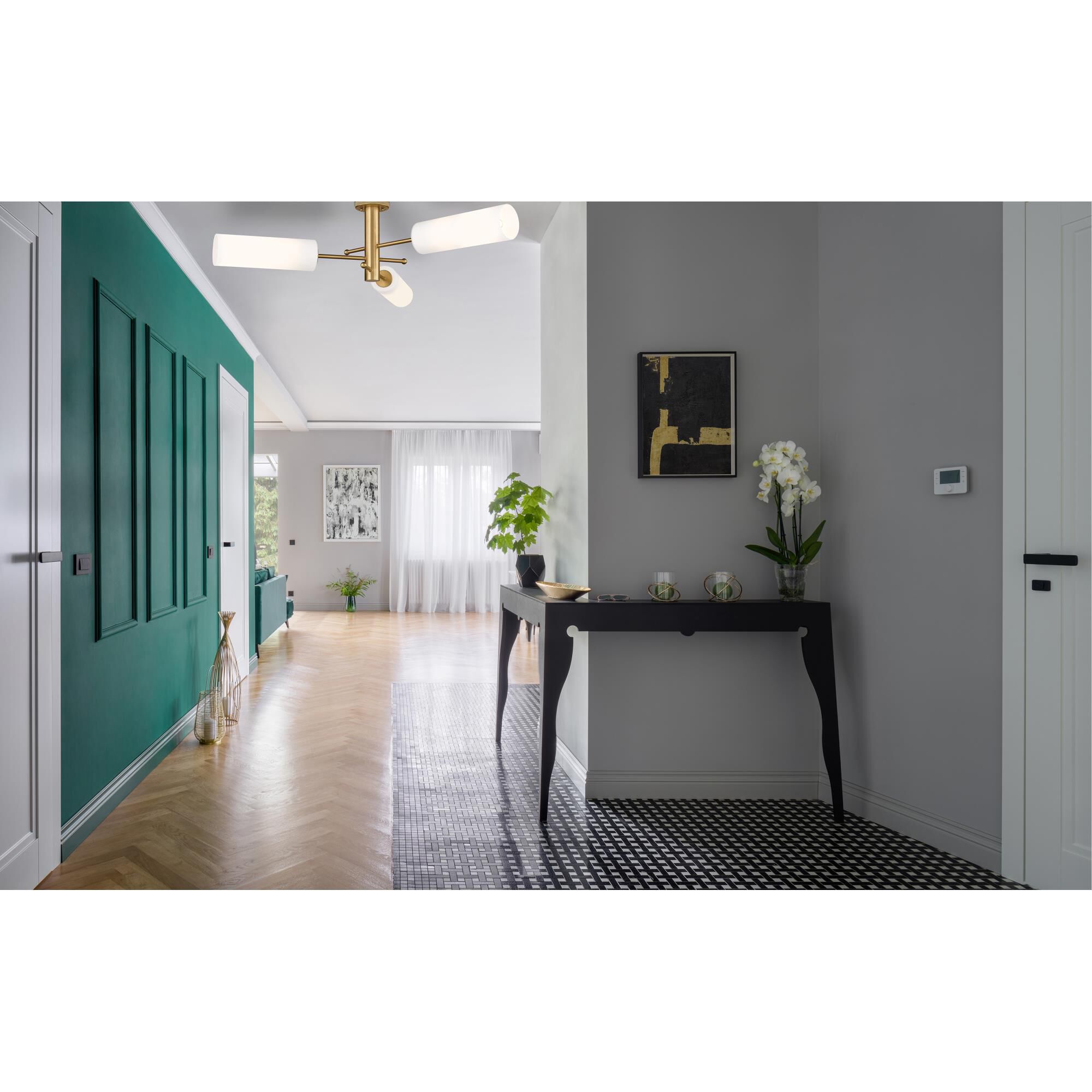 Shown in Brushed Brass finish and Matte White glass