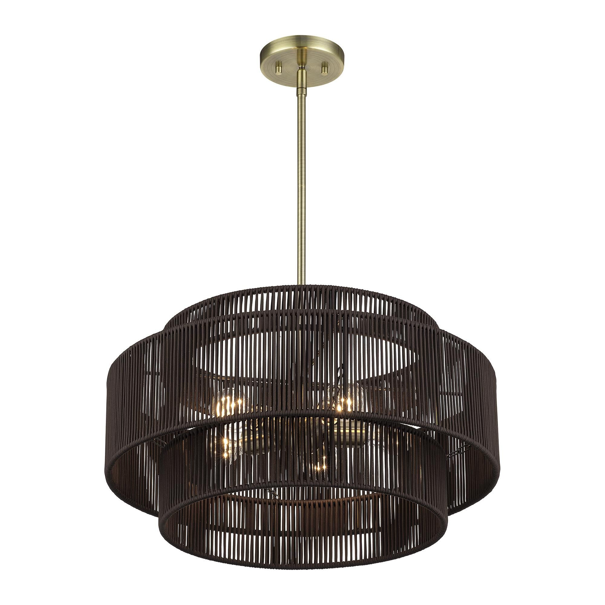 Shown in Antique Brass finish and Hand-Woven Dark Chocolate Color Polyester Rope shade