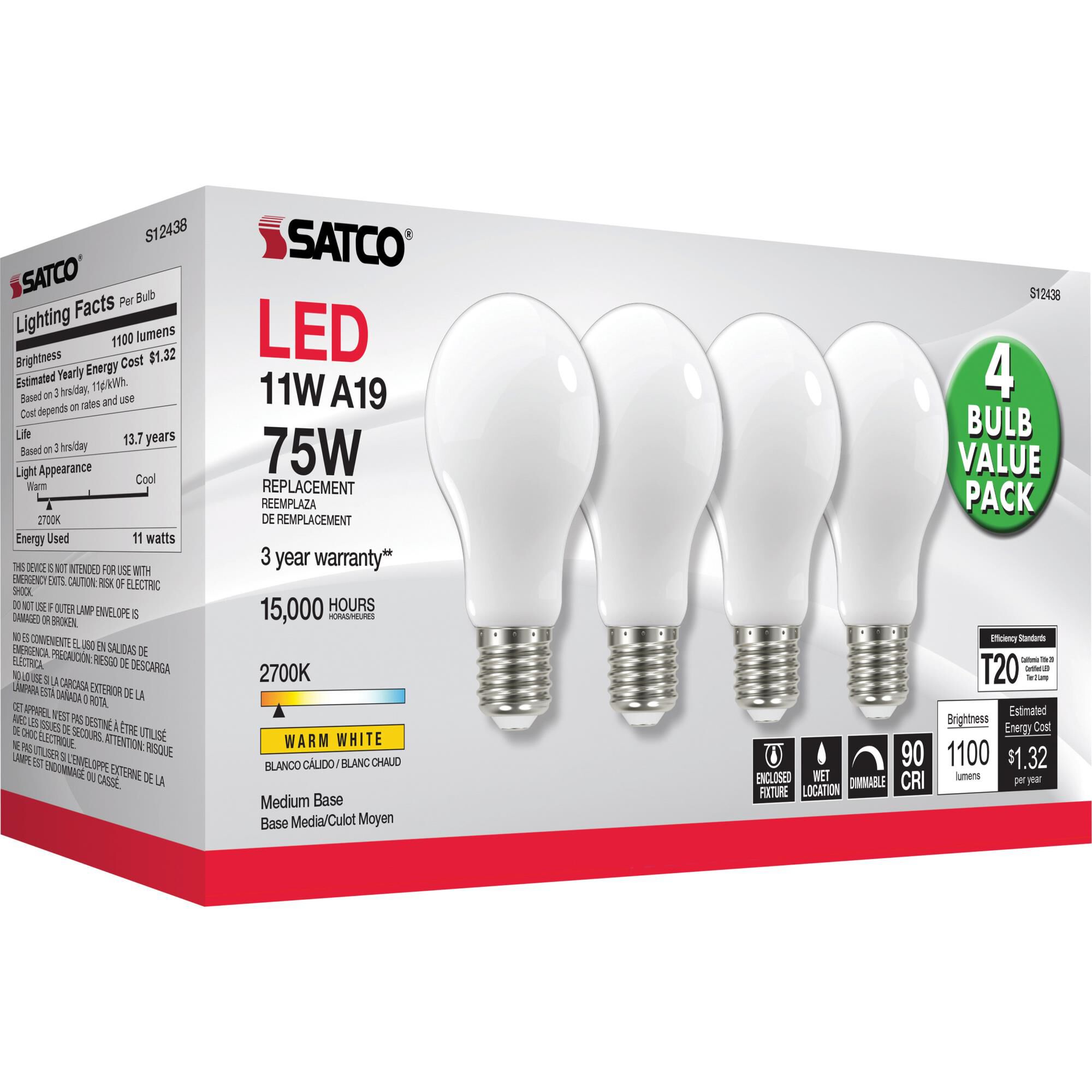 Dimmable 11 Watt 2700K A19 LED Light Bulb by Satco