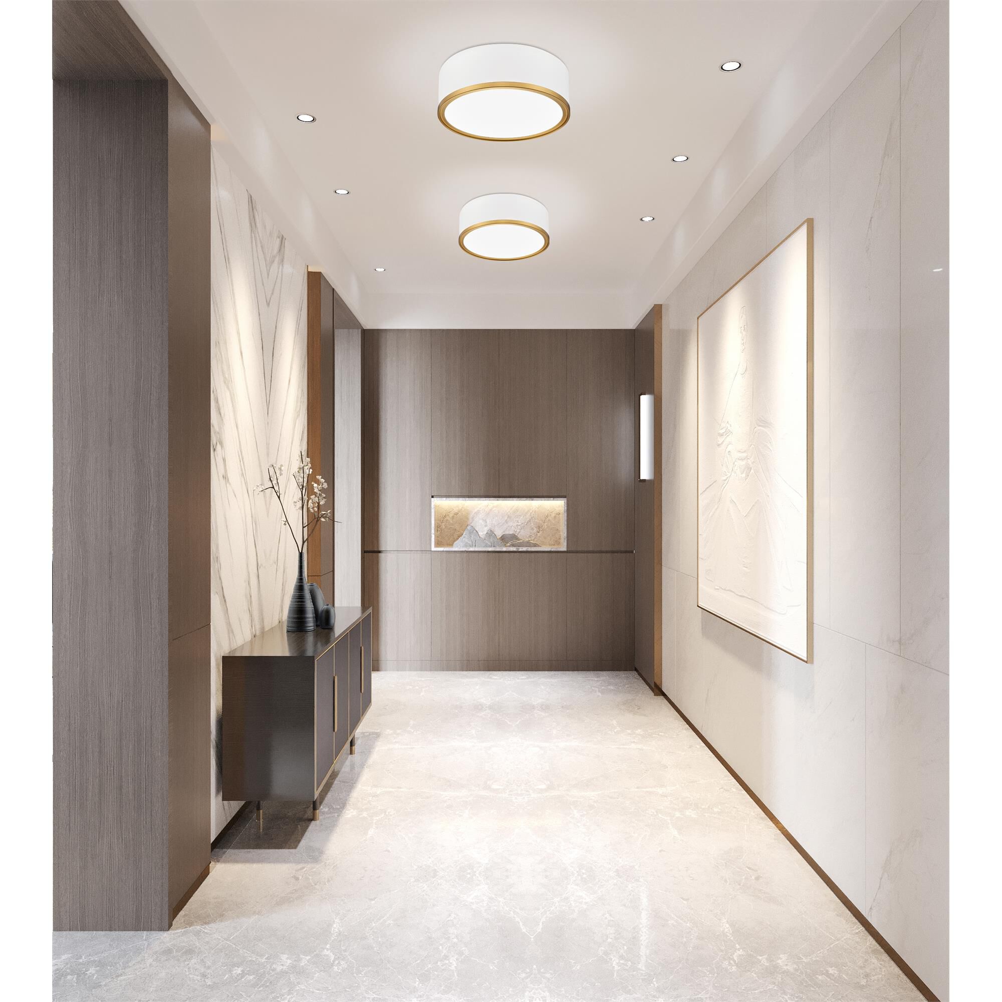 Shown in Matte White + Modern Gold finish and Frosted glass and Frosted shade