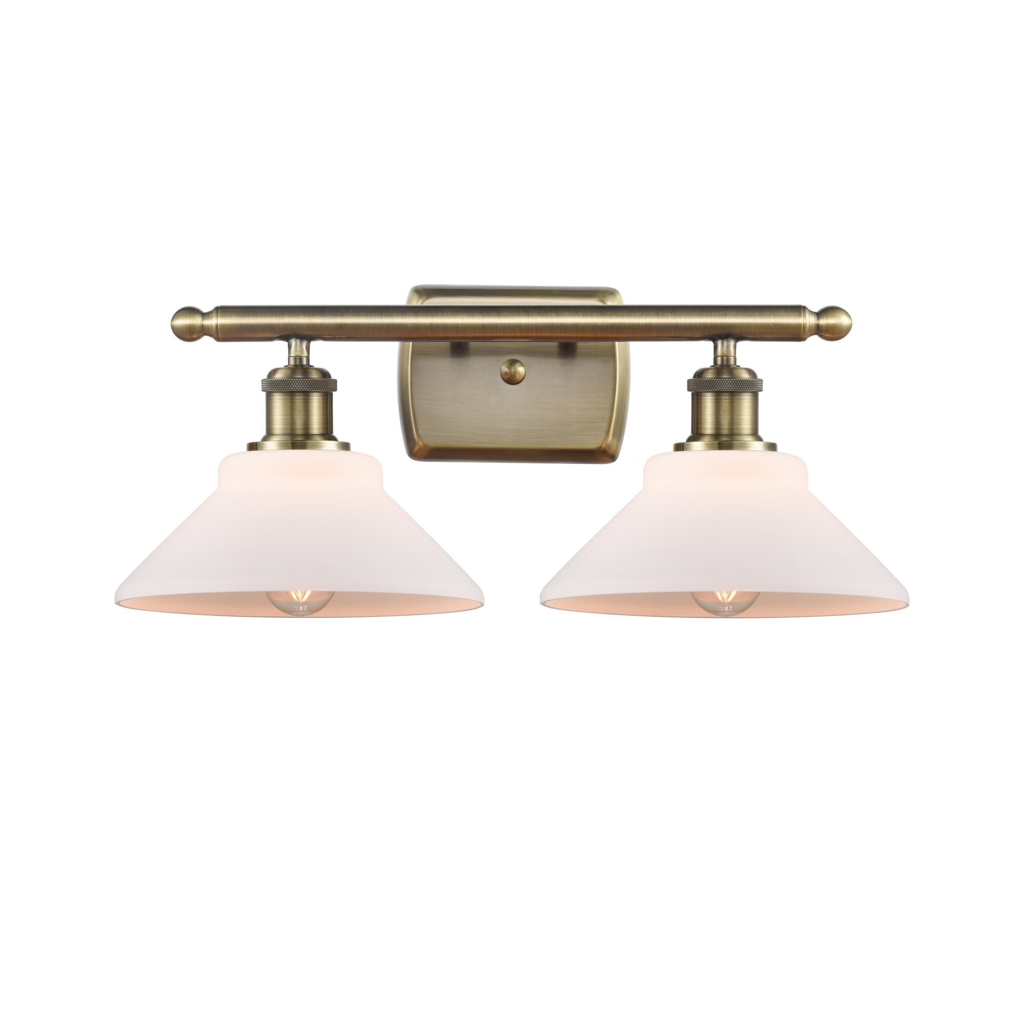 Shown in Antique Brass finish and Matte White Orwell glass and None shade