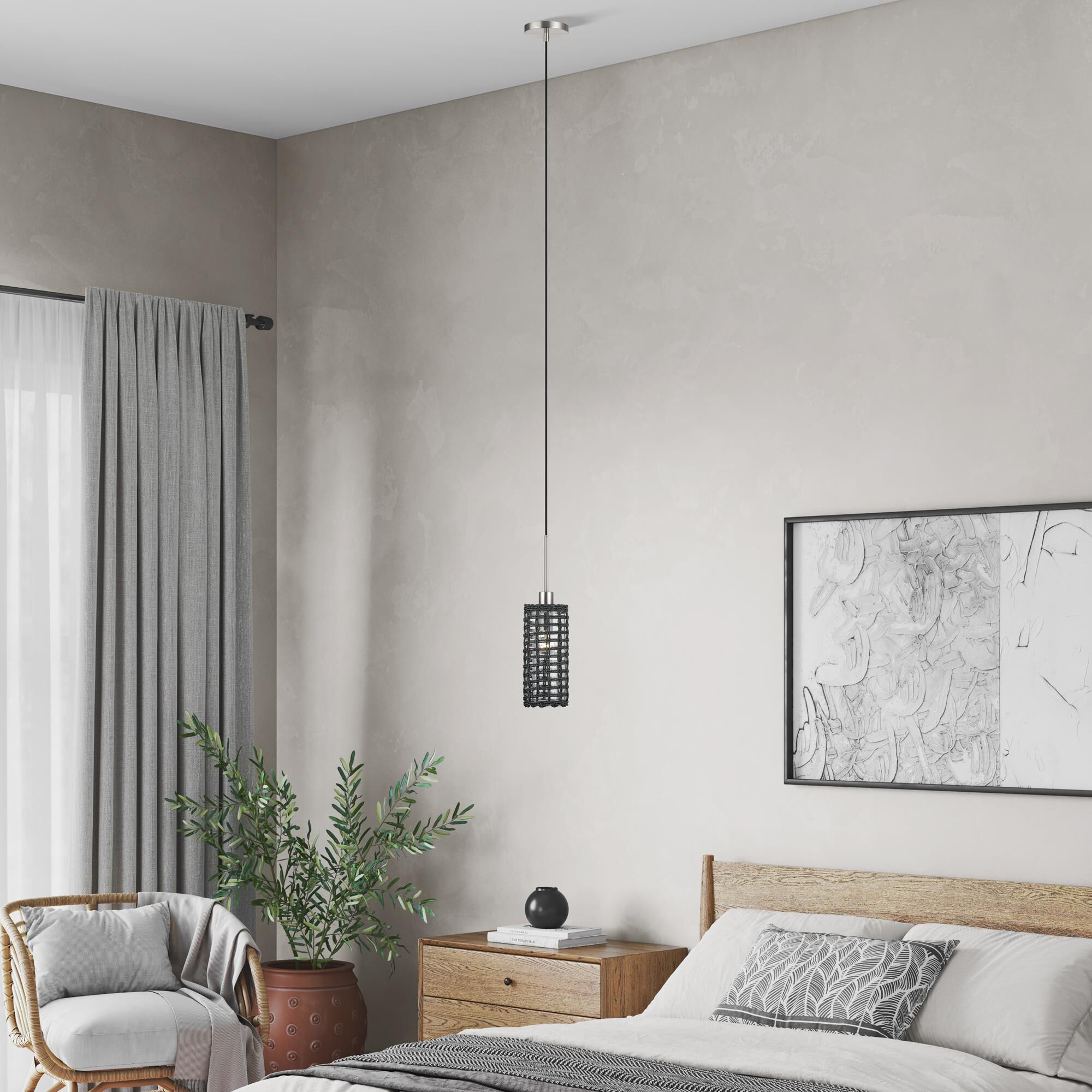 Shown in Brushed Nickel finish and Hand-Woven Midnight Black Color Paper Rope On Top Of Clear shade