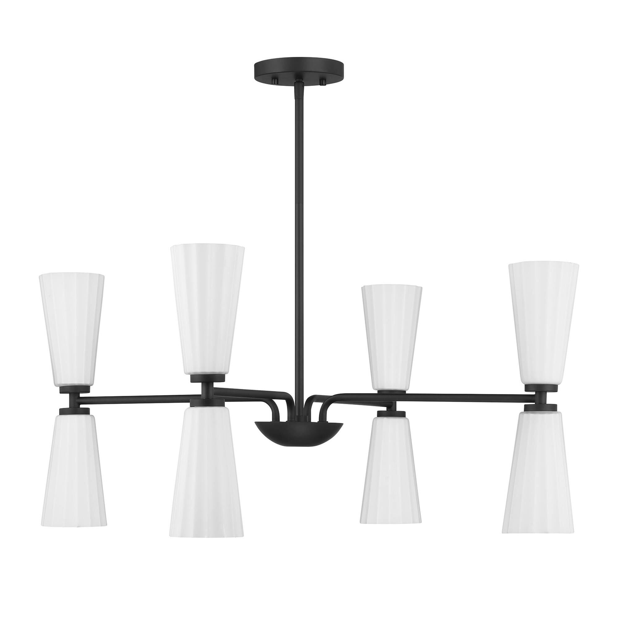 Shown in Matte Black finish and White Fluted glass