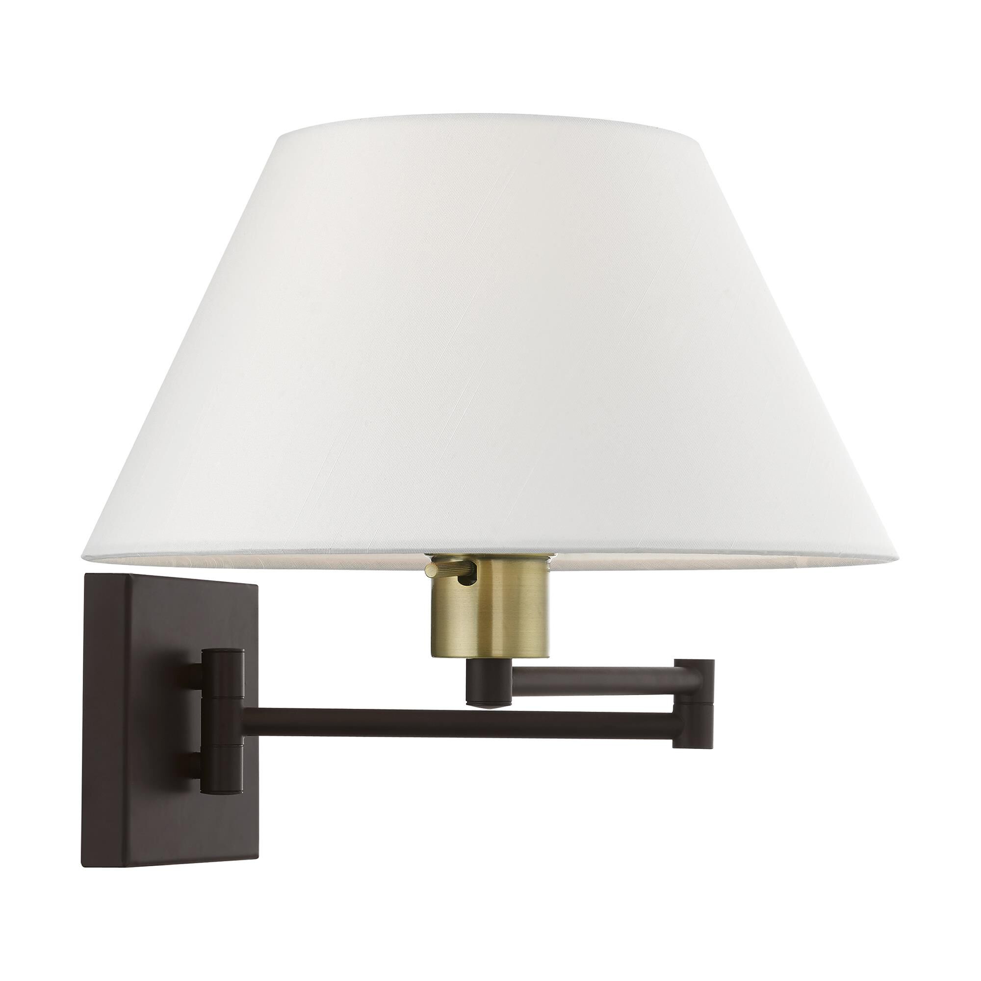 Shown in Bronze with Antique Brass Accent finish and Hand Crafted Off-White Hardback Fabric shade