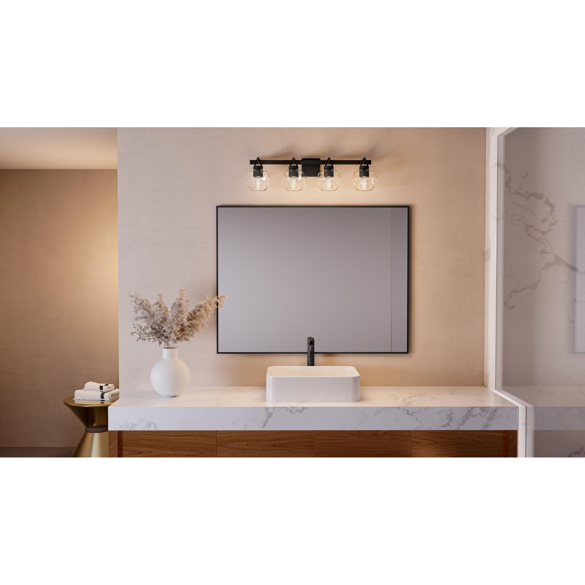 Shown in Matte Black finish and Clear Faceted glass