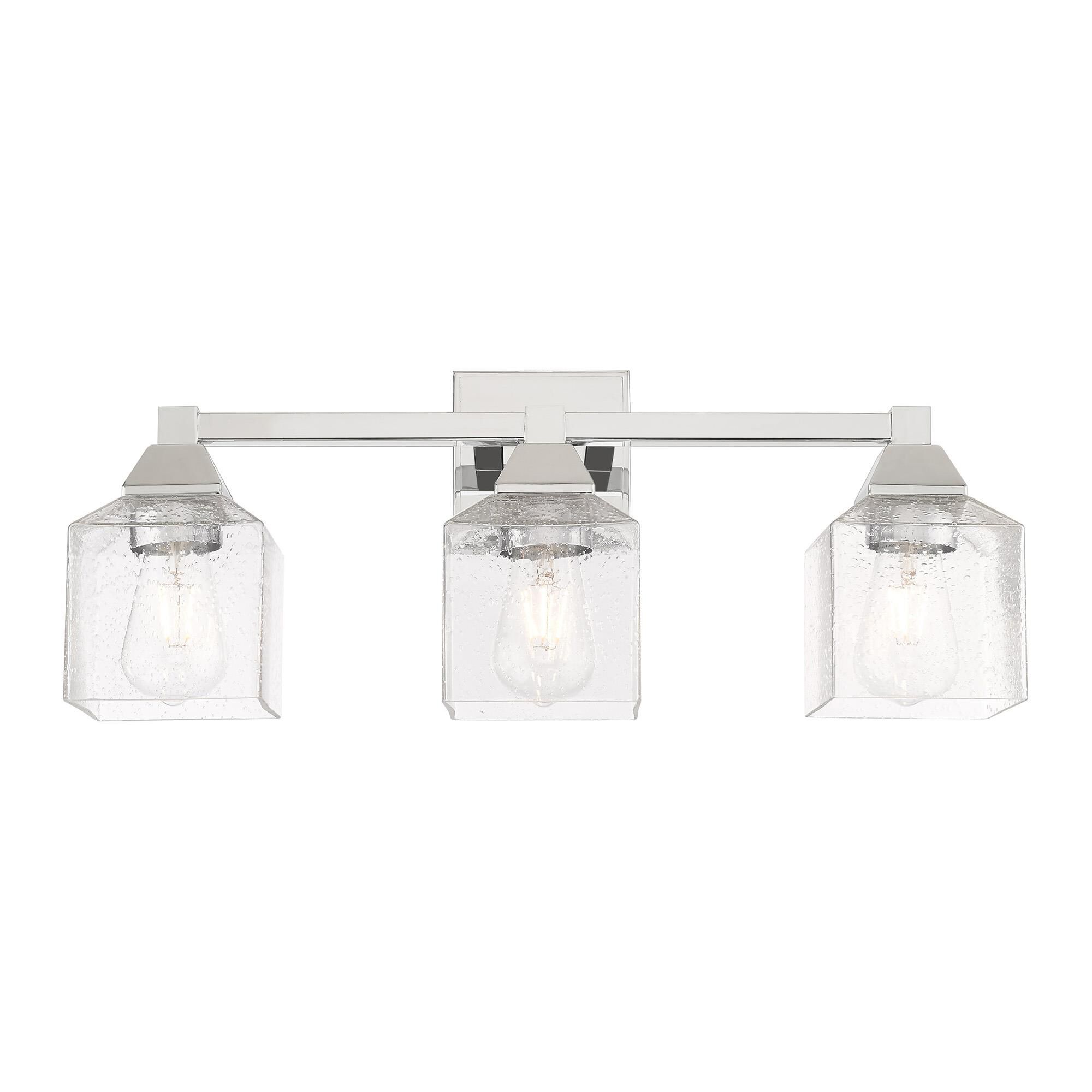 Shown in Polished Chrome finish and Hand Blown Clear Seeded glass