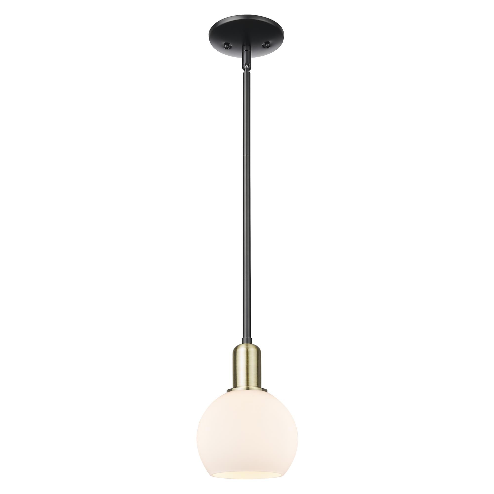 Shown in Black Antique Brass finish and Matte White glass