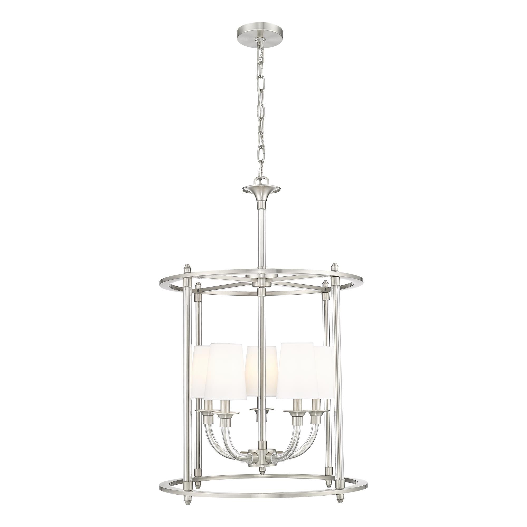 Shown in Brushed Nickel finish and White glass and White shade