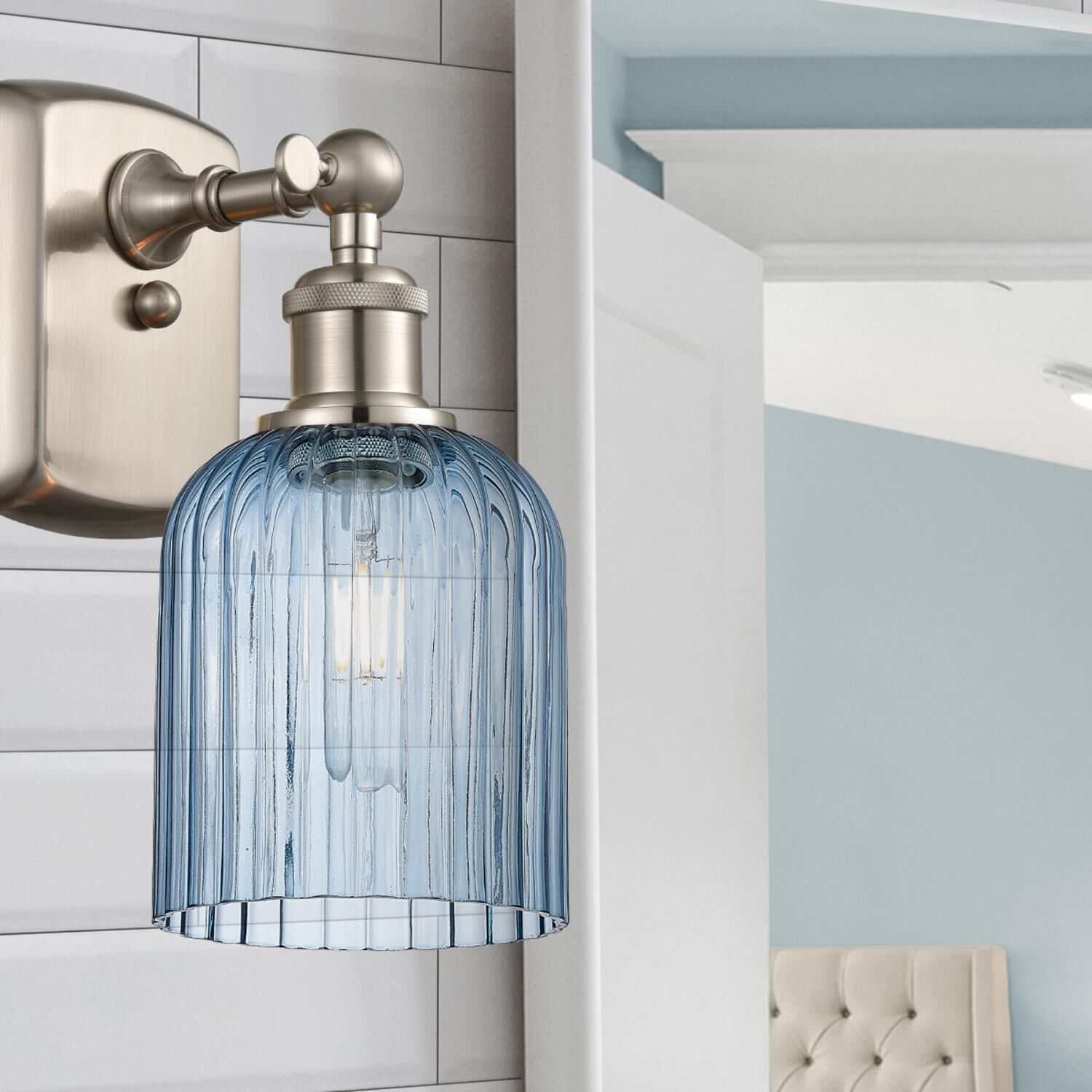 Shown in Satin Nickel finish and Princess Blue glass