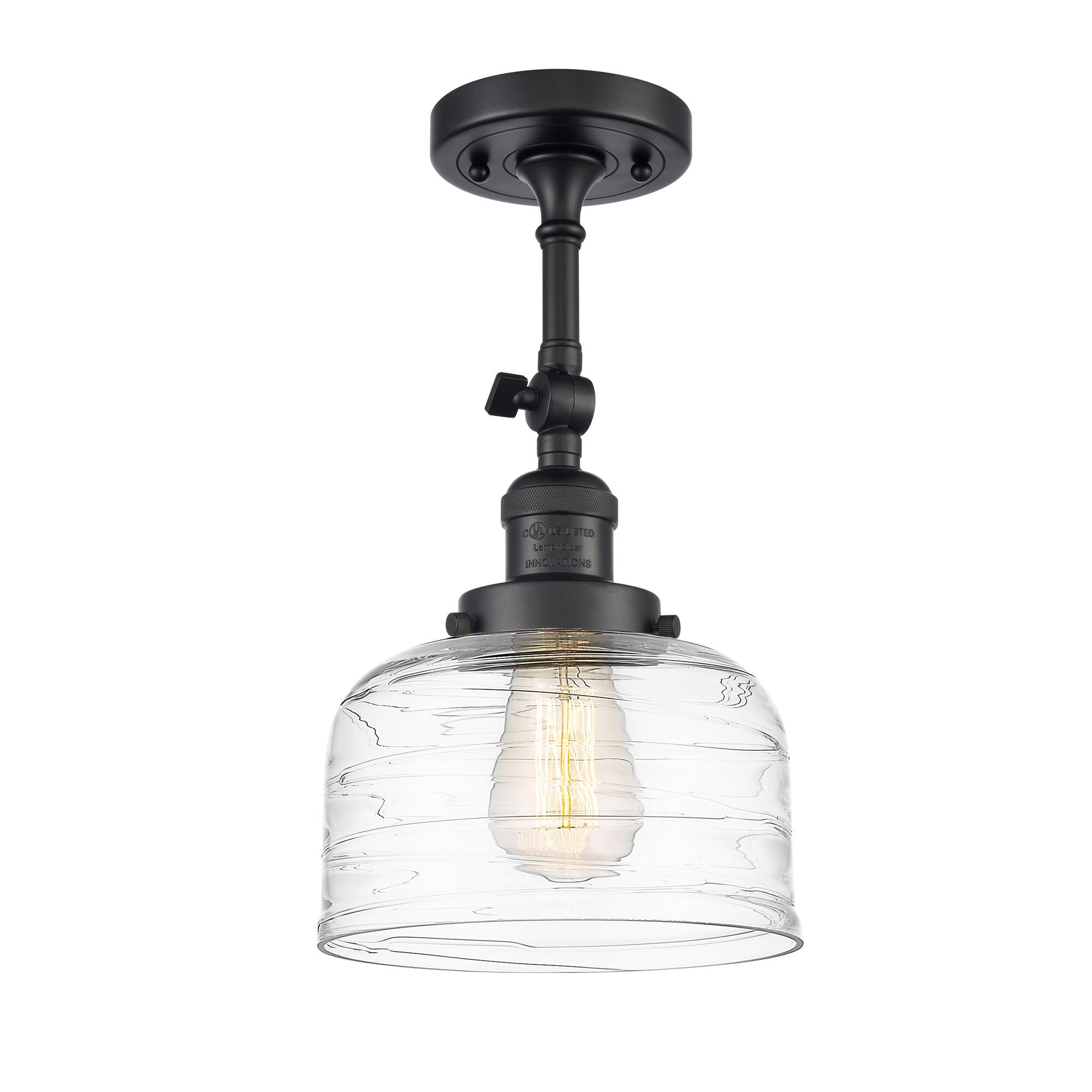 Shown in Matte Black finish and Clear Deco Swirl Large Bell glass
