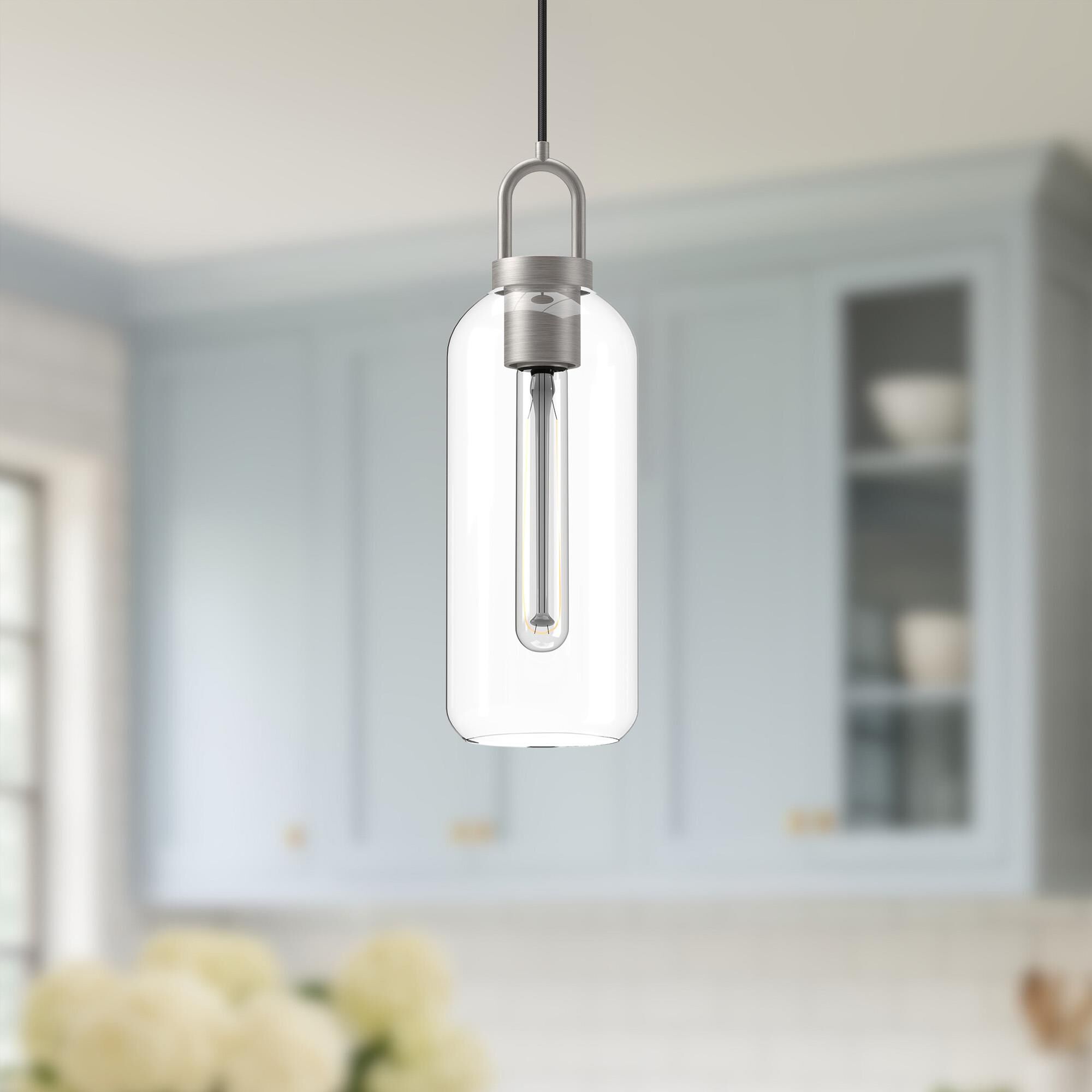 Shown in Brushed Nickel finish and Clear glass