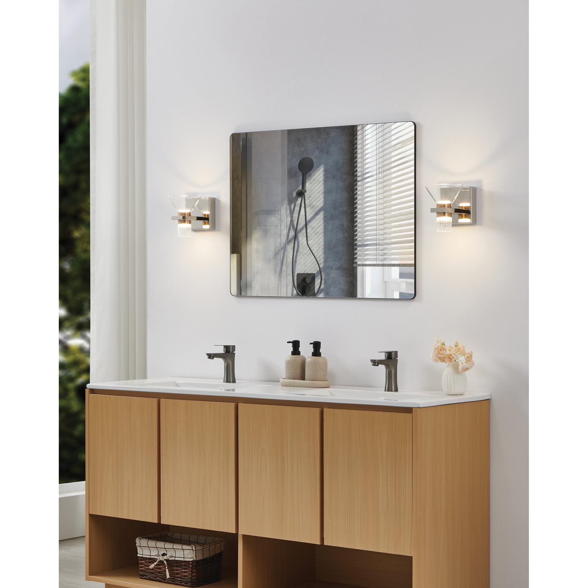 Shown in Polished Nickel finish and Clear, Clear Ribbed glass