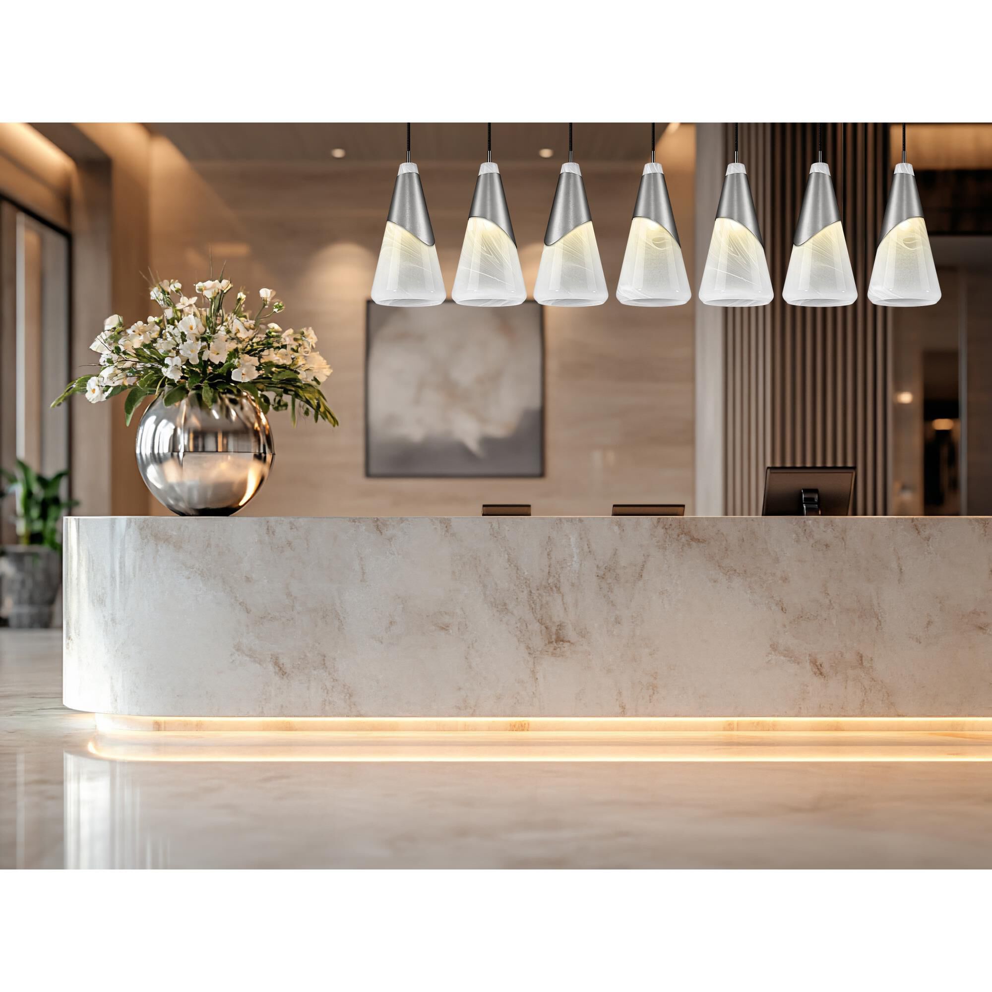 Shown in Brushed Nickel finish and White Swirl glass and White Swirl shade