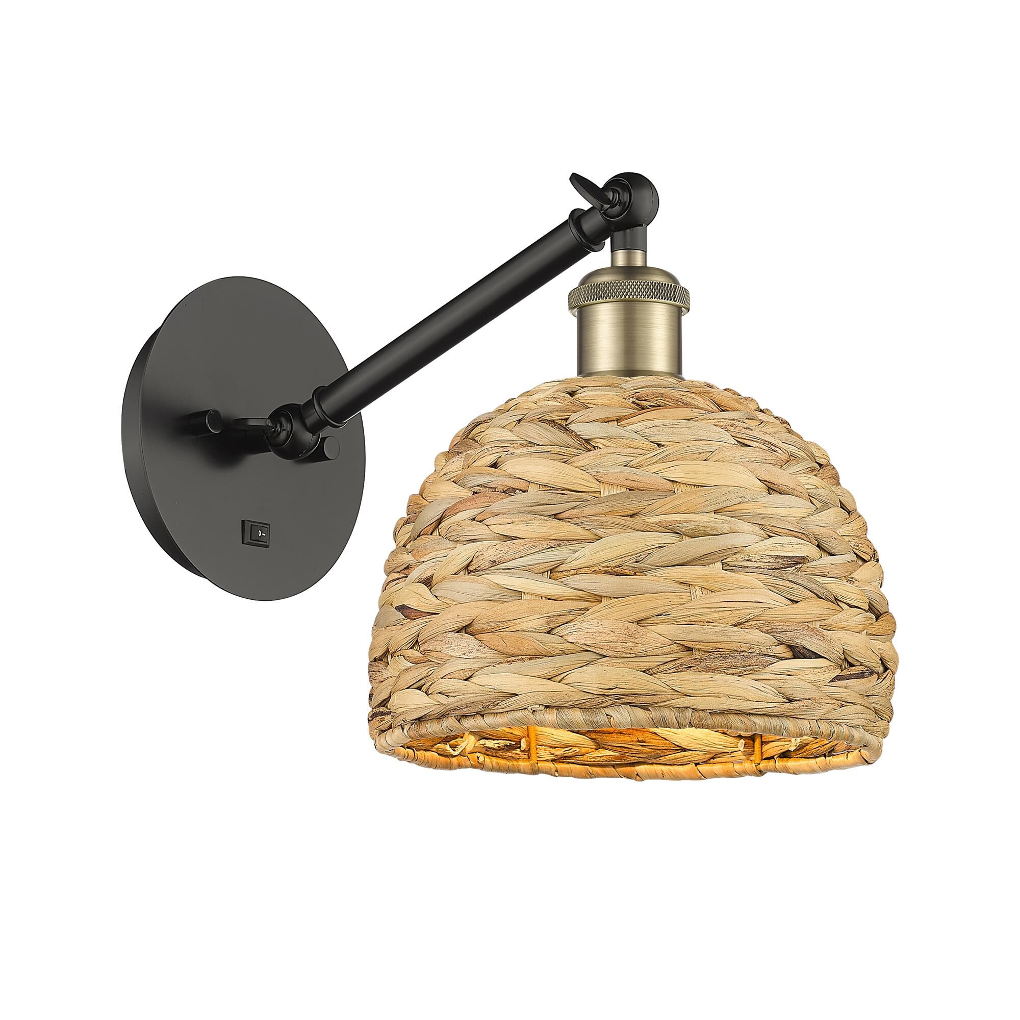 Shown in Black Antique Brass finish and Natural shade
