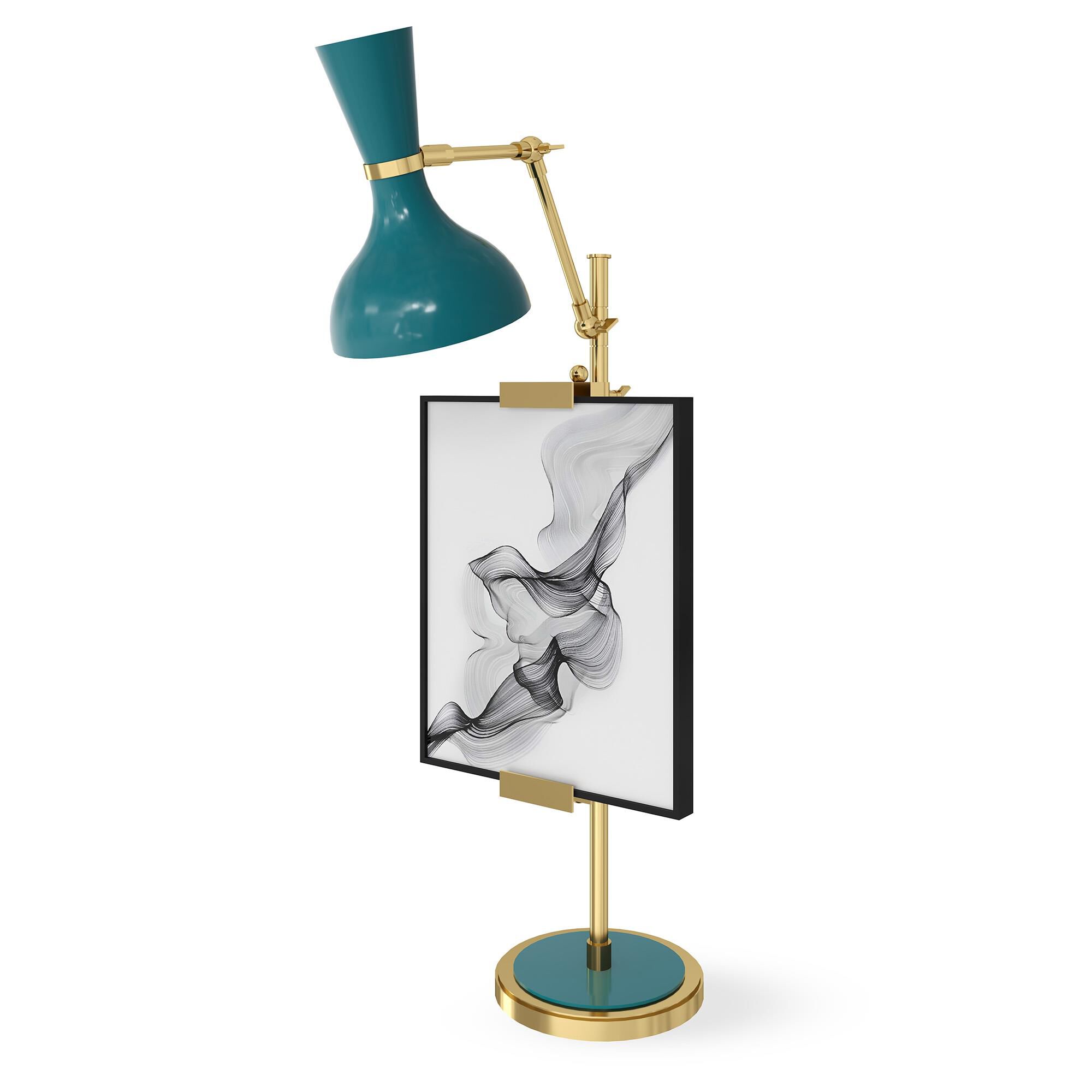 Shown in Modern Brass finish and Peacock shade