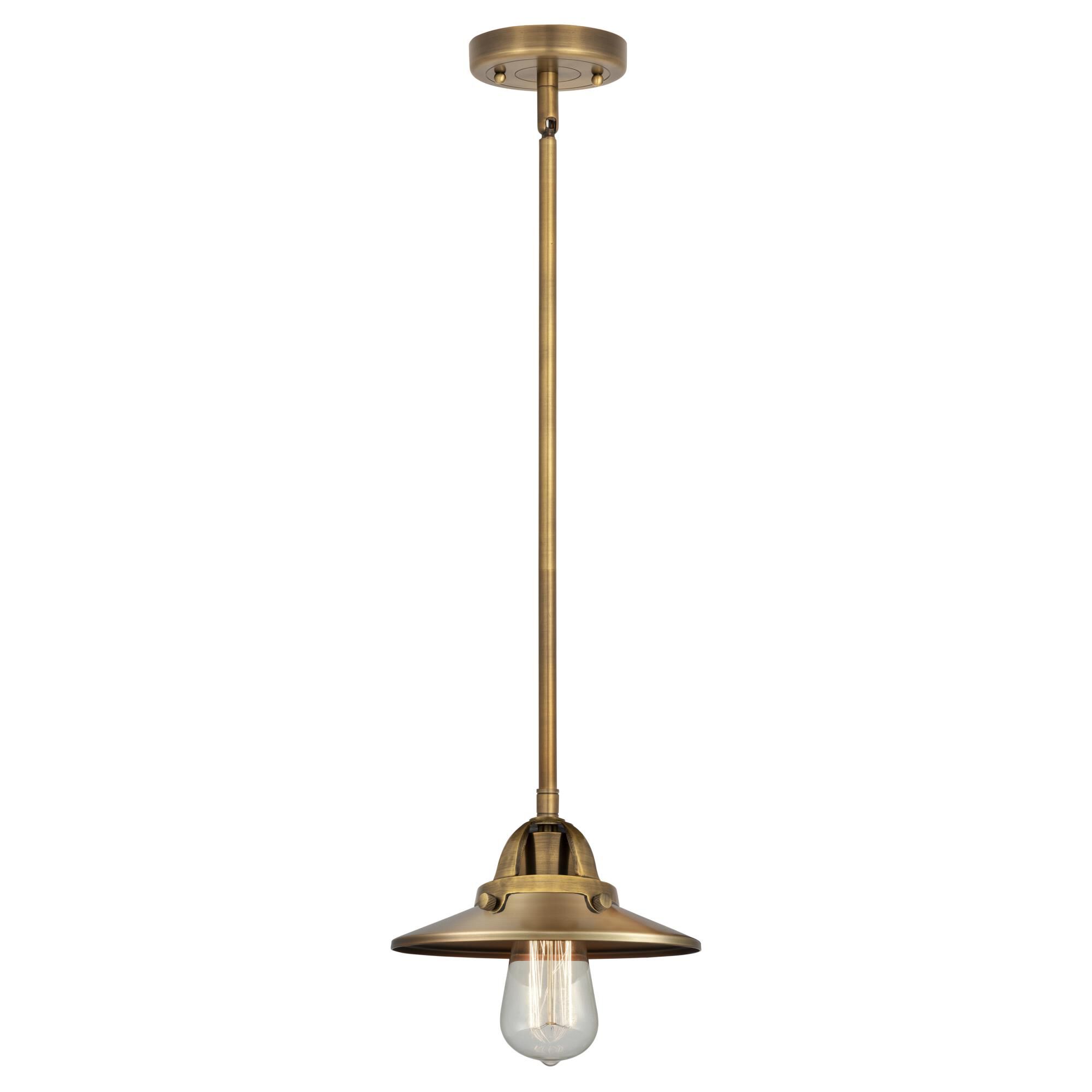 Shown in Brushed Brass finish and No Glass glass and Brushed Brass Railroad shade