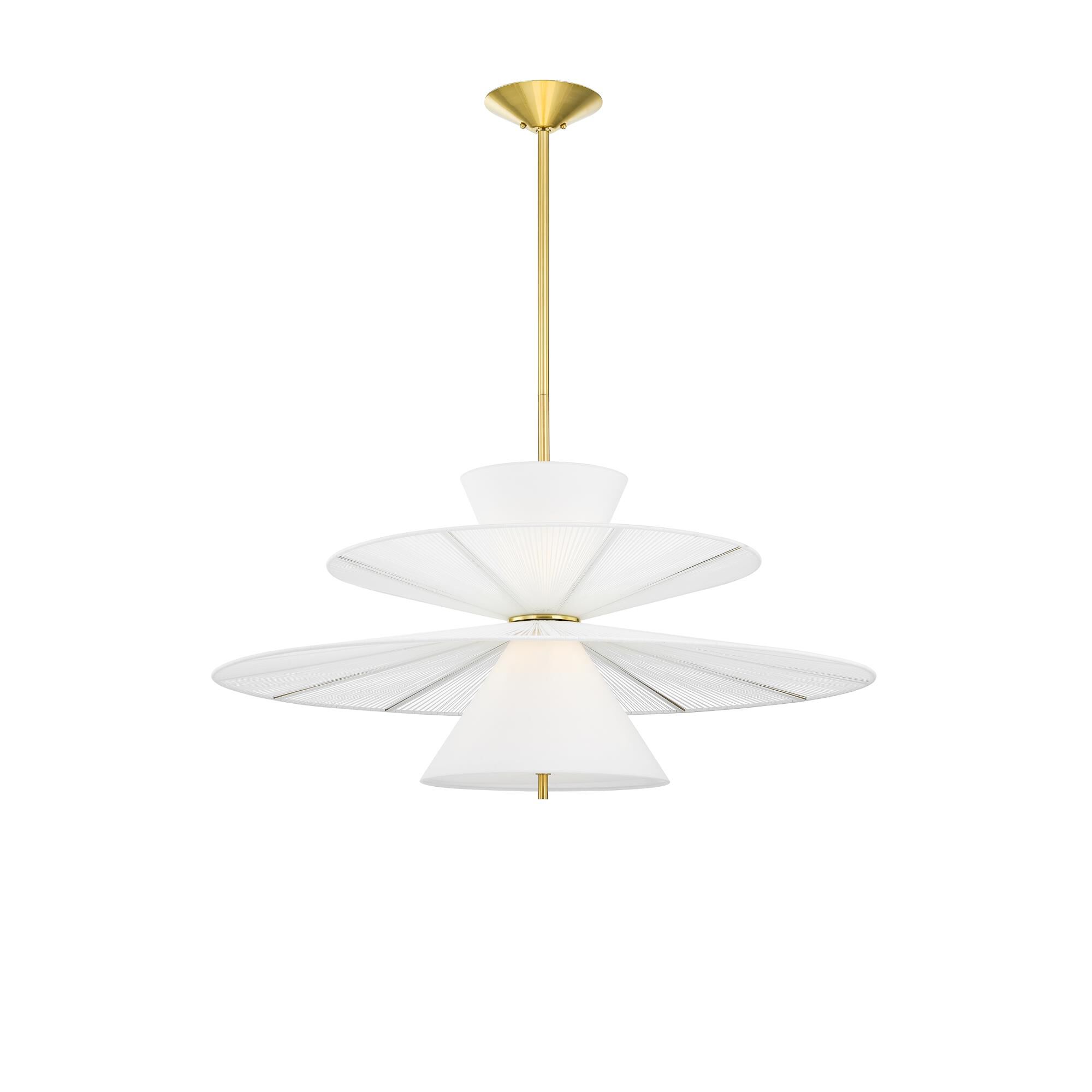 Shown in Aged Brass finish and White Linen shade