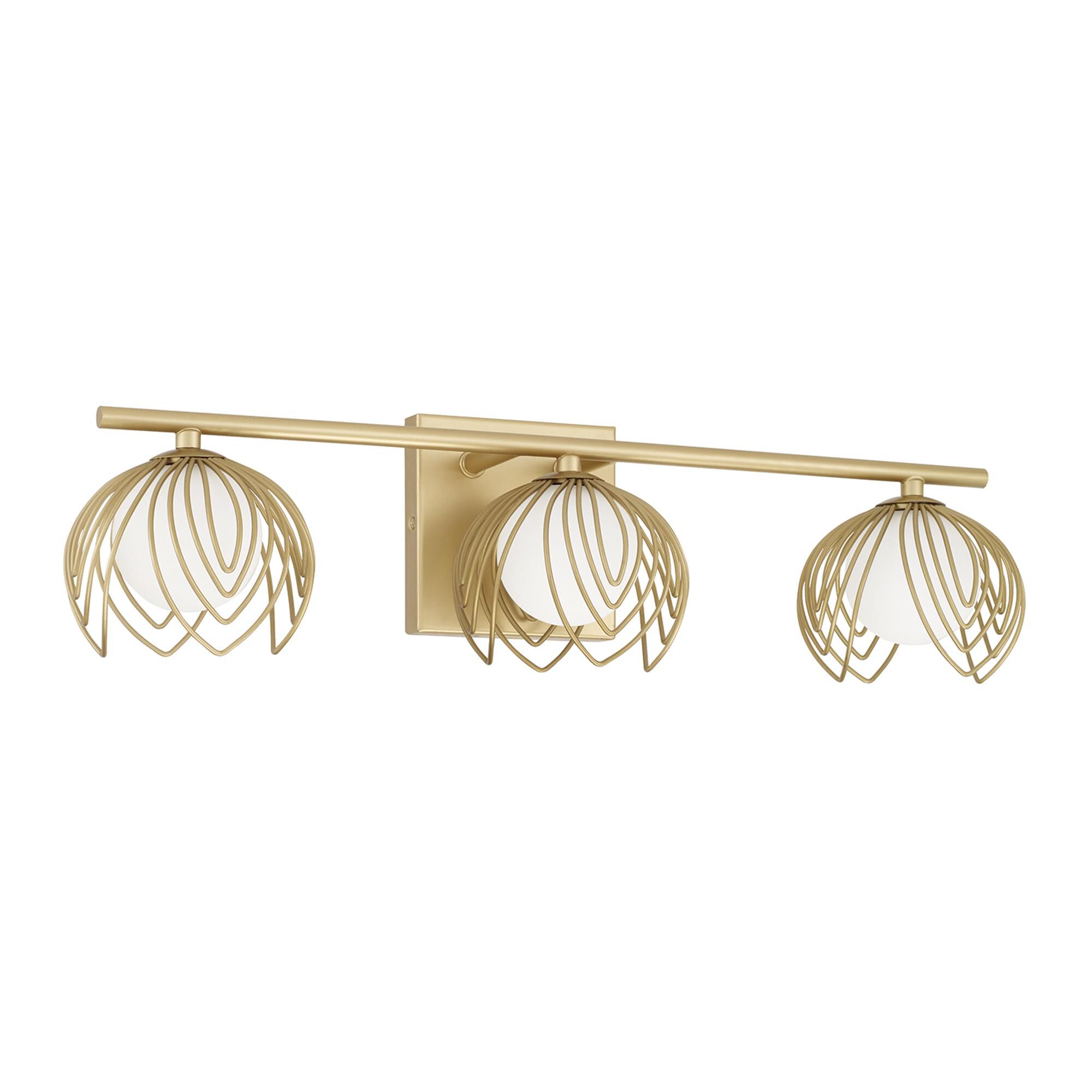 Shown in Buffed Gold finish and Soft White  Globes glass