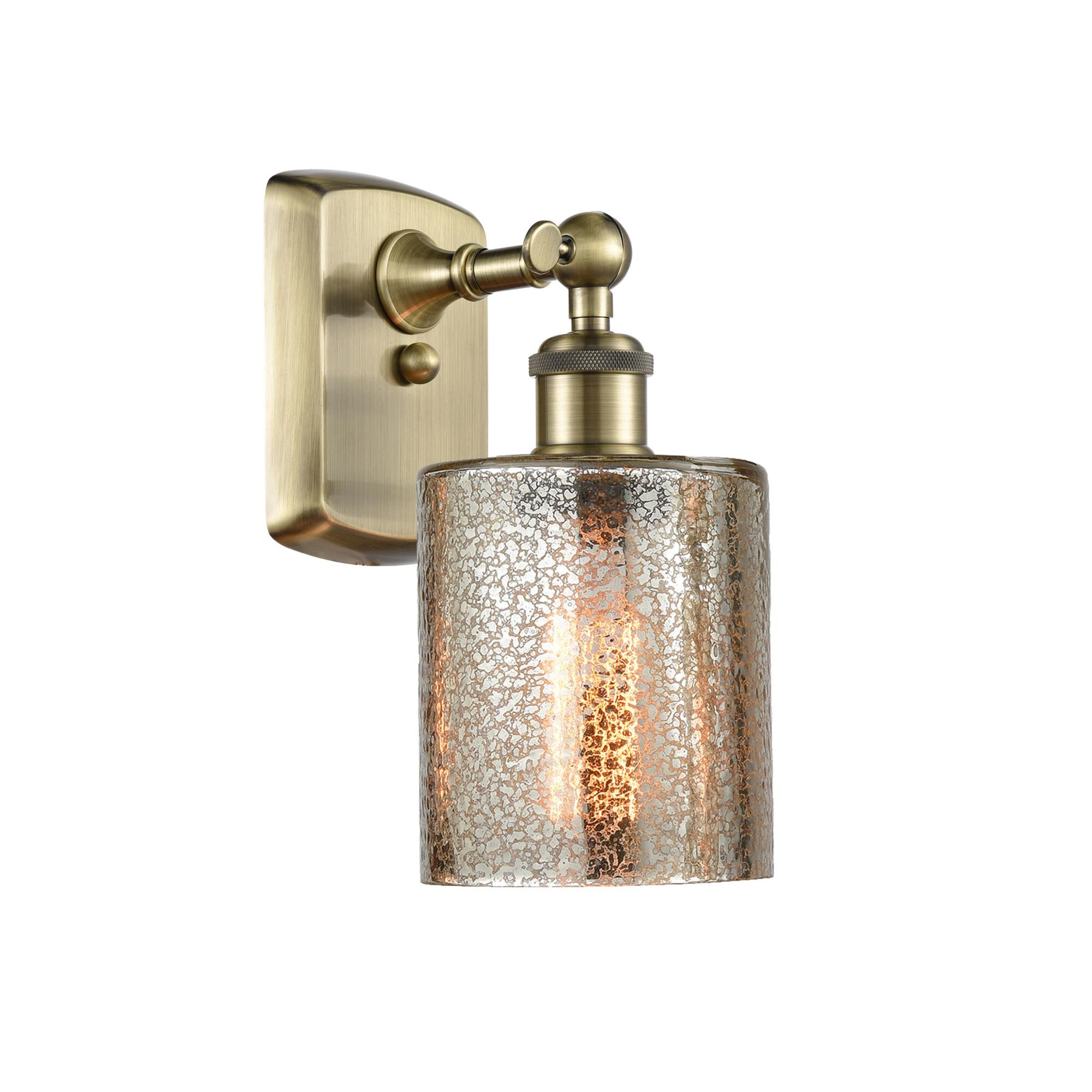 Shown in Antique Brass finish and Mercury Cobbleskill glass and None shade