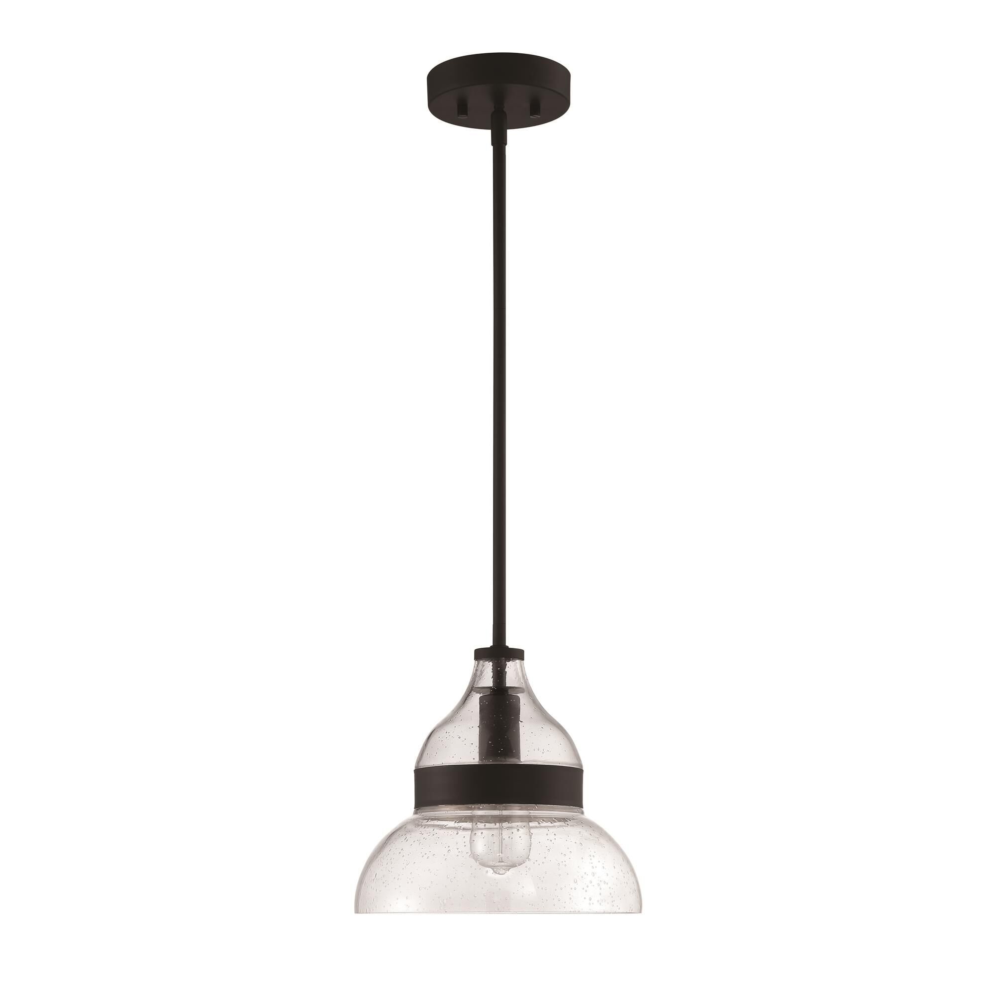 Shown in Flat Black finish and Clear Seeded glass and Glass shade