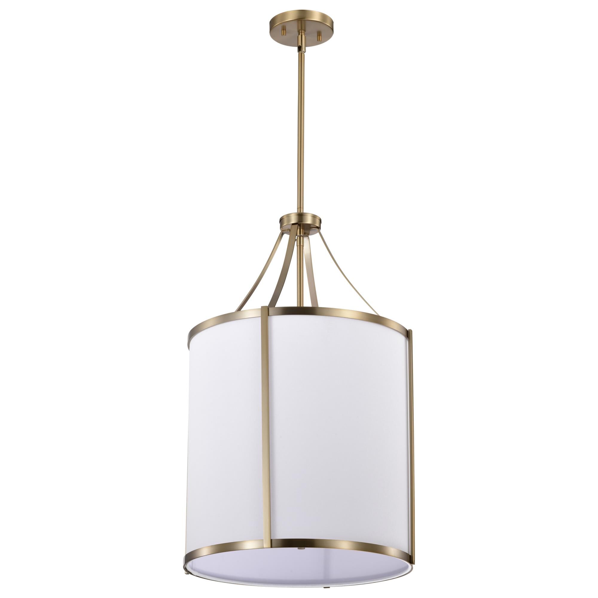 Shown in Burnished Brass finish and White Linen shade