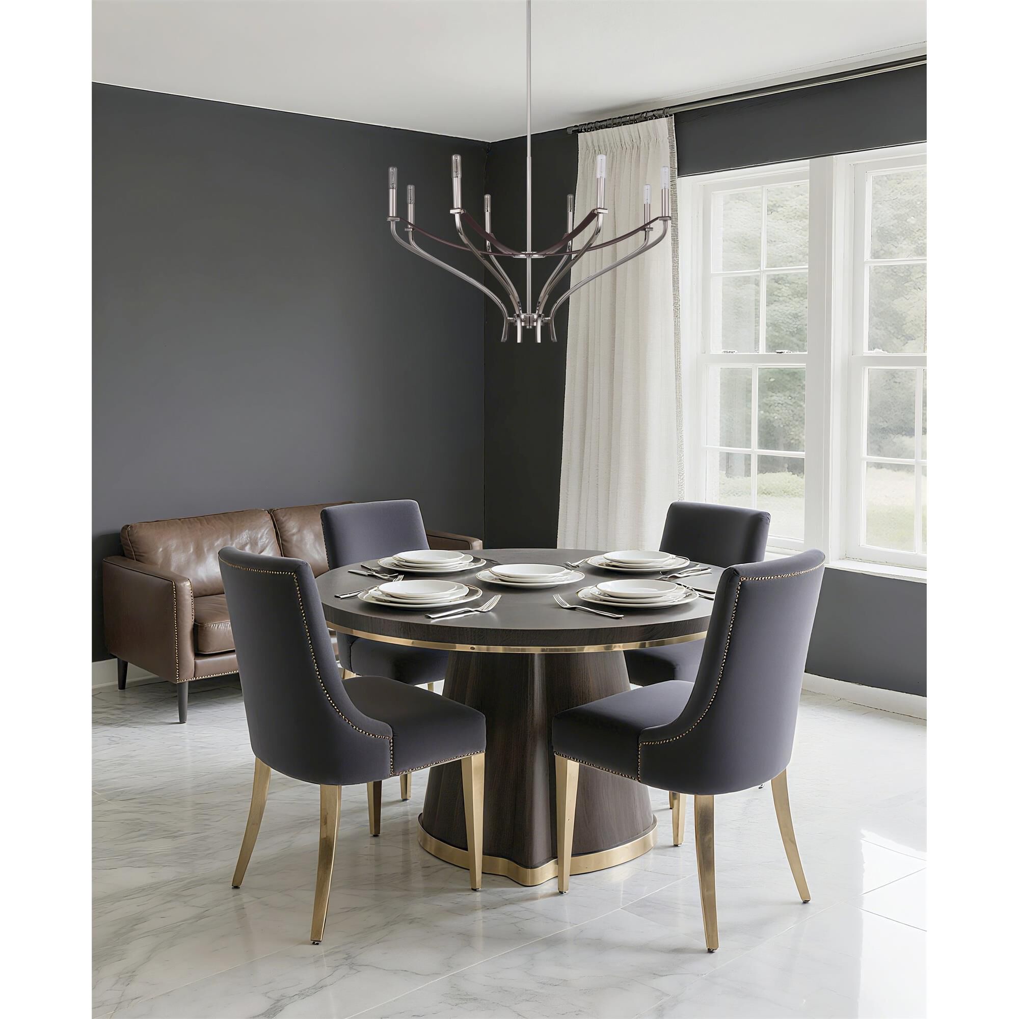 Shown in Polished Nickel and Dark Brown finish