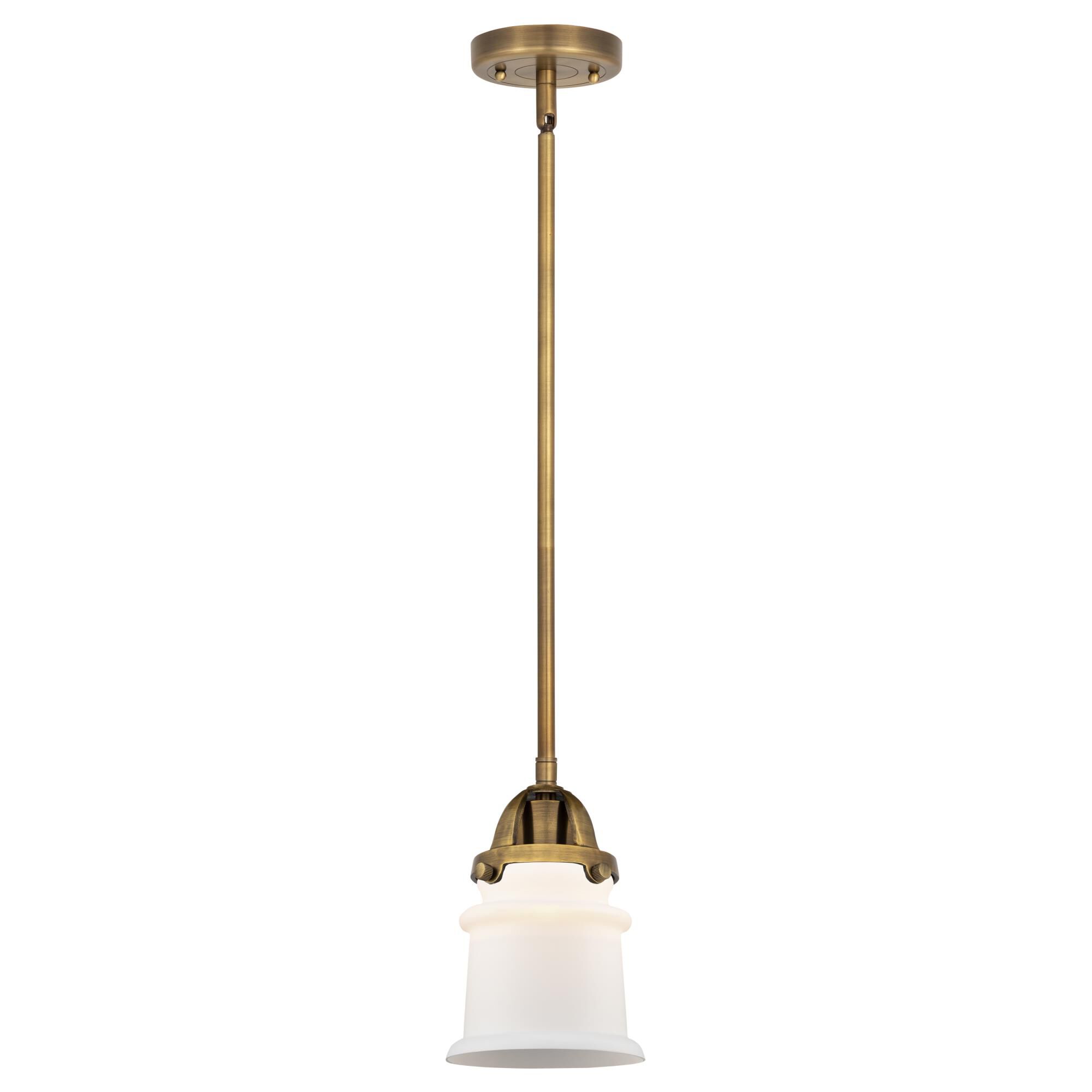 Shown in Brushed Brass finish and Matte White Canton glass and No Shade shade
