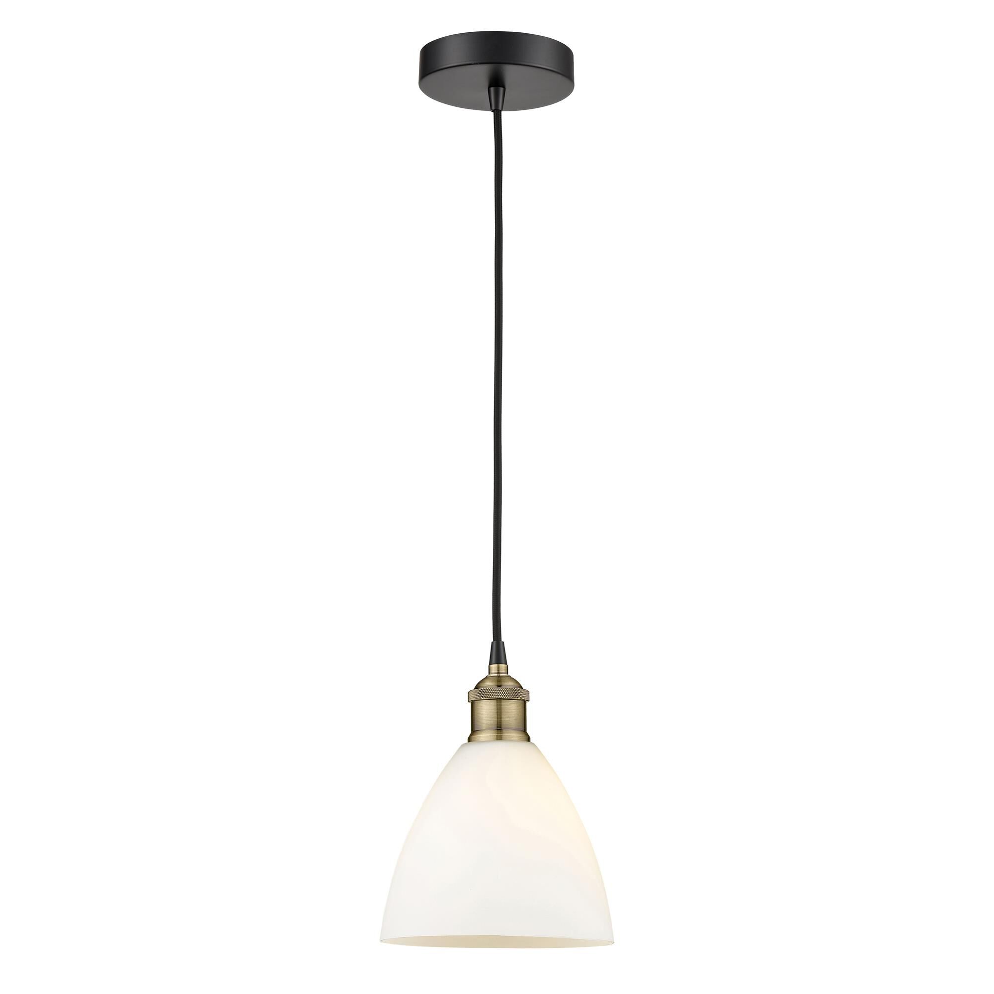 Shown in Black Antique Brass finish and Matte White glass