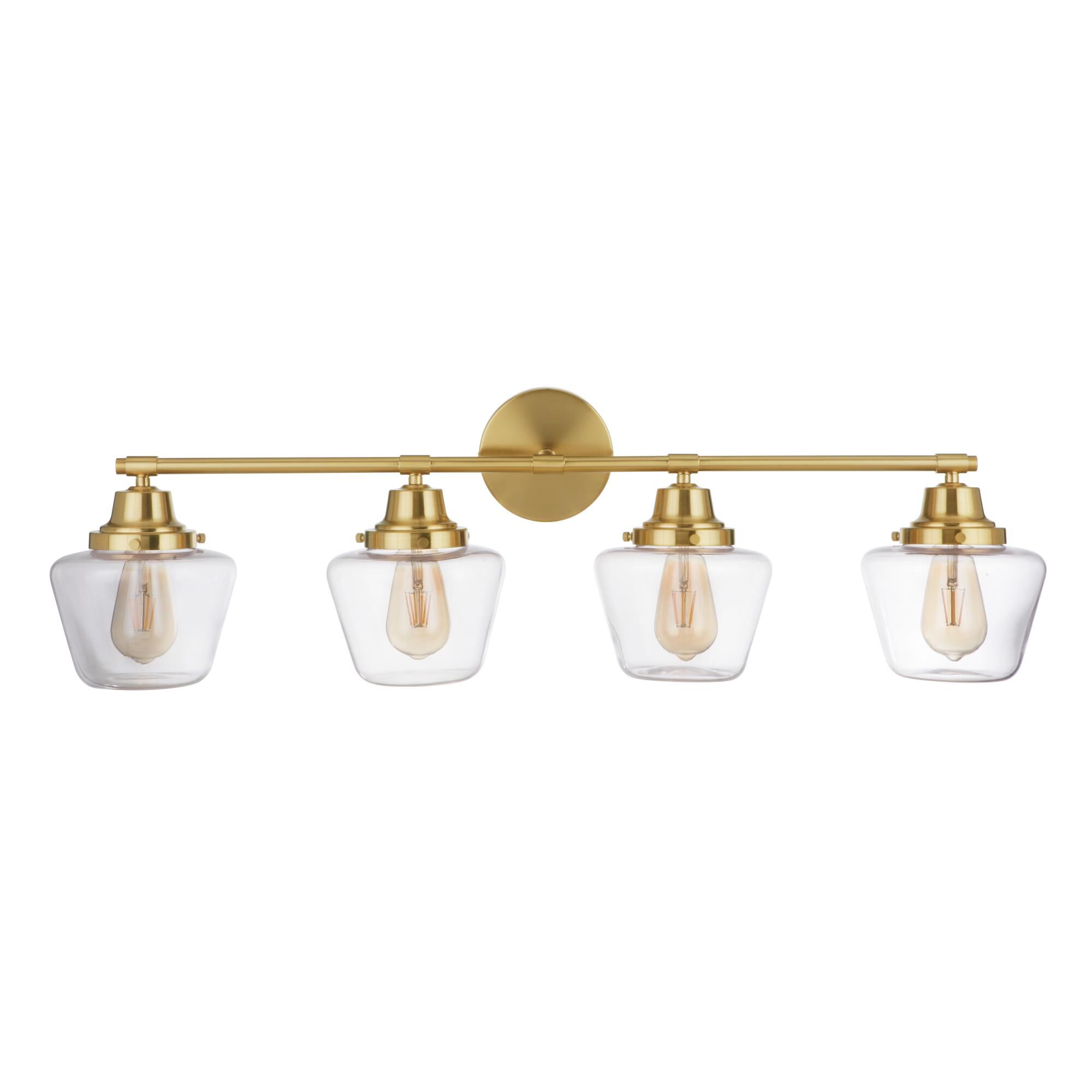 Shown in Satin Brass finish and Clear glass and Glass shade
