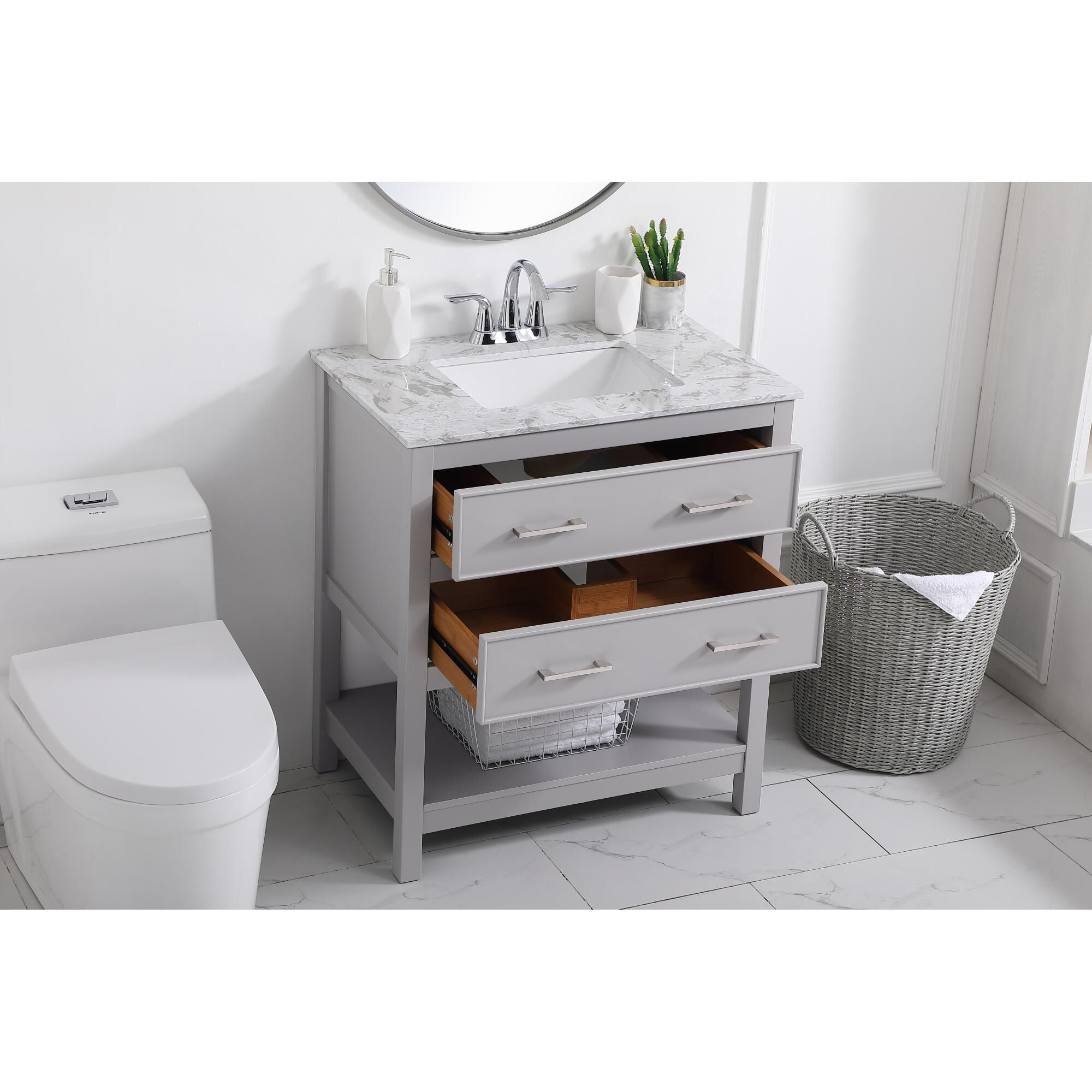 Shown in Grey And Brushed Nickel With Calacatta Quartz finish