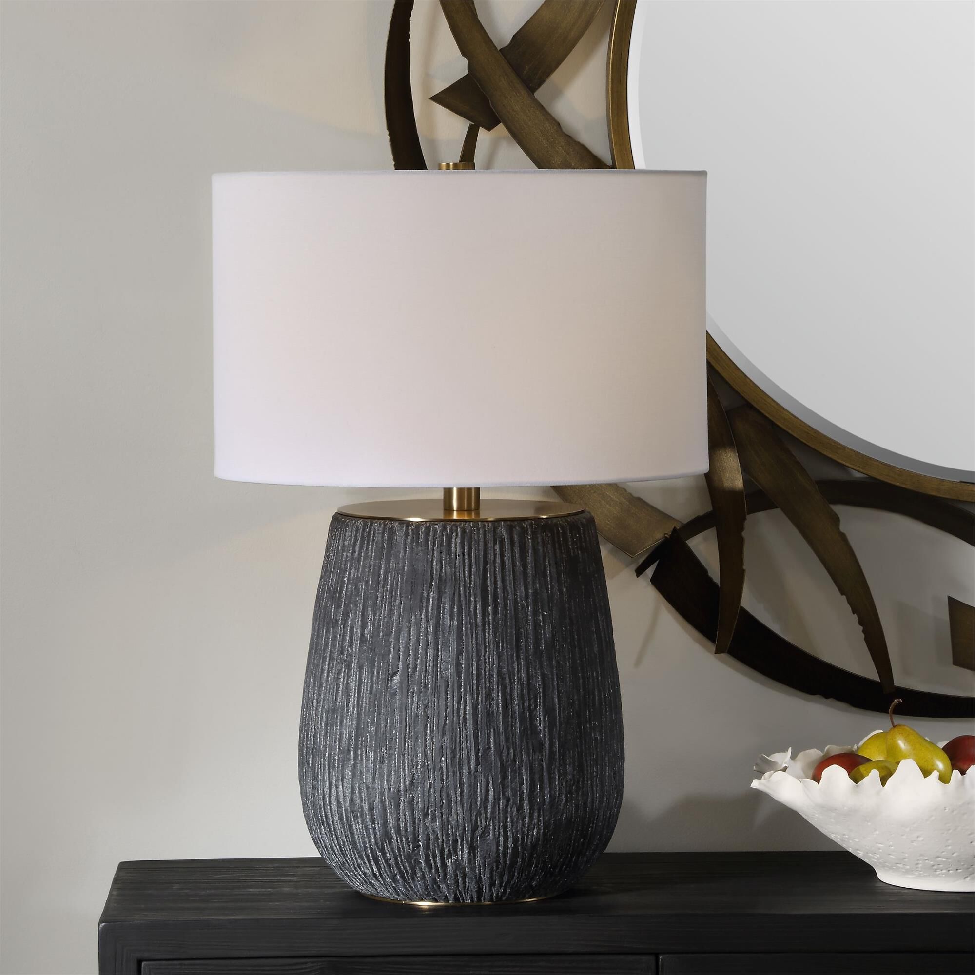 Shown in This Table Lamp Features A Concrete Base With Deep Organic Texturing Finished In An Aged Black With  finish and Round Hardback shade