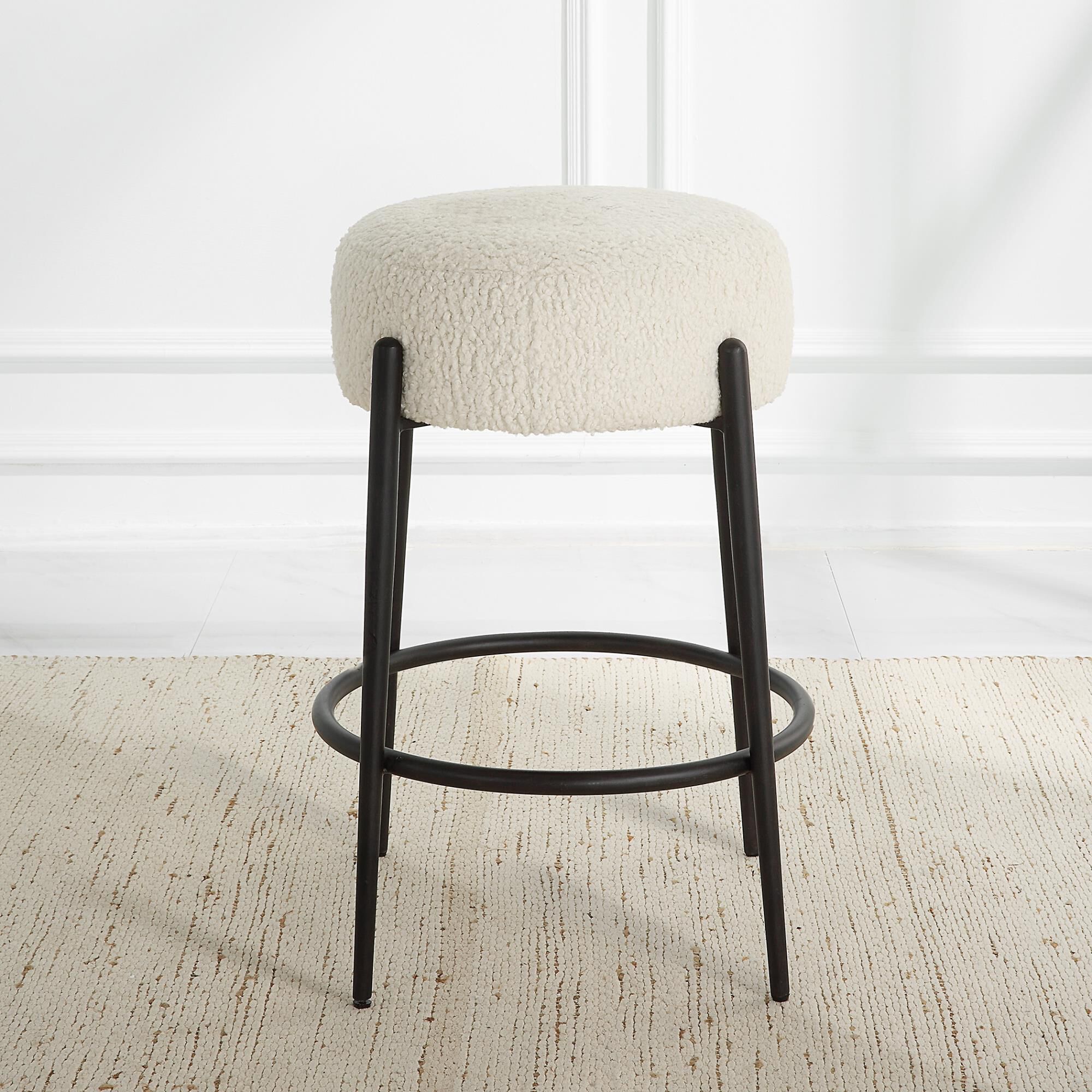 Shown in This Plush Counter Stool Is Covered In A Luxurious White Faux Shearling, Suspended Within Satin Blac finish