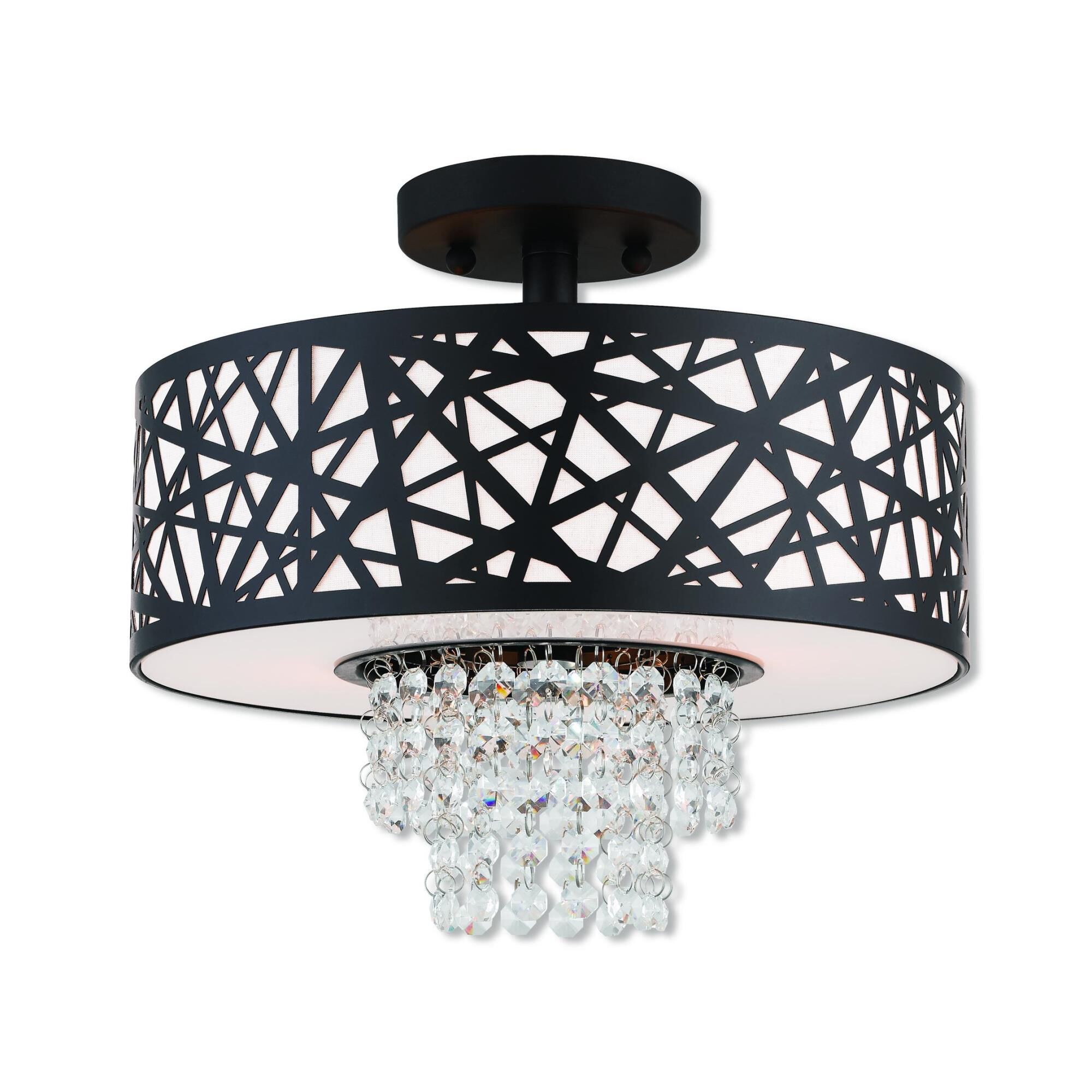 Shown in Bronze finish and Oatmeal Color Fabric Hardback  Inside & Clear Crystals shade