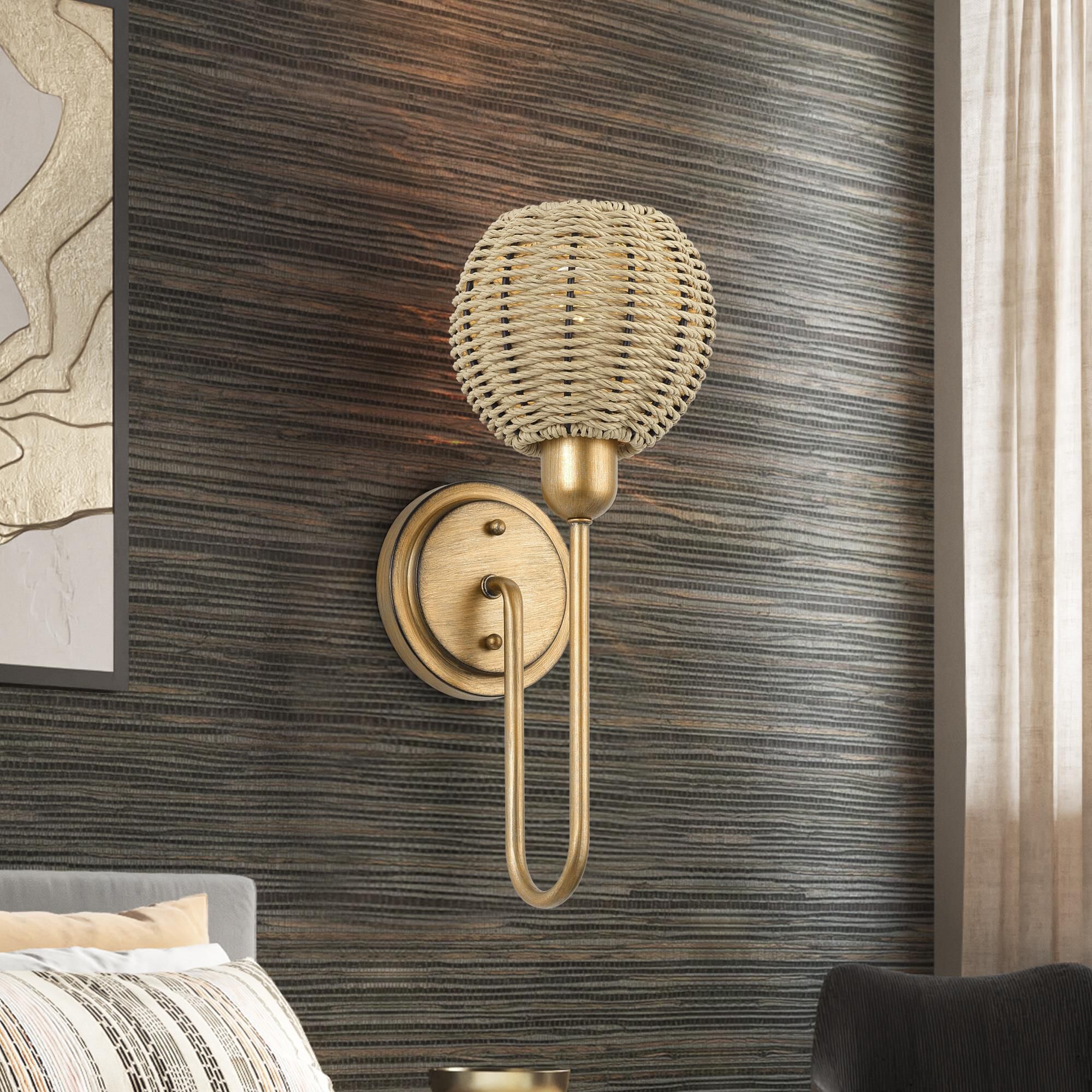 Shown in Antique Gold Leaf finish and Hand-Woven French Beige Paper Rope shade