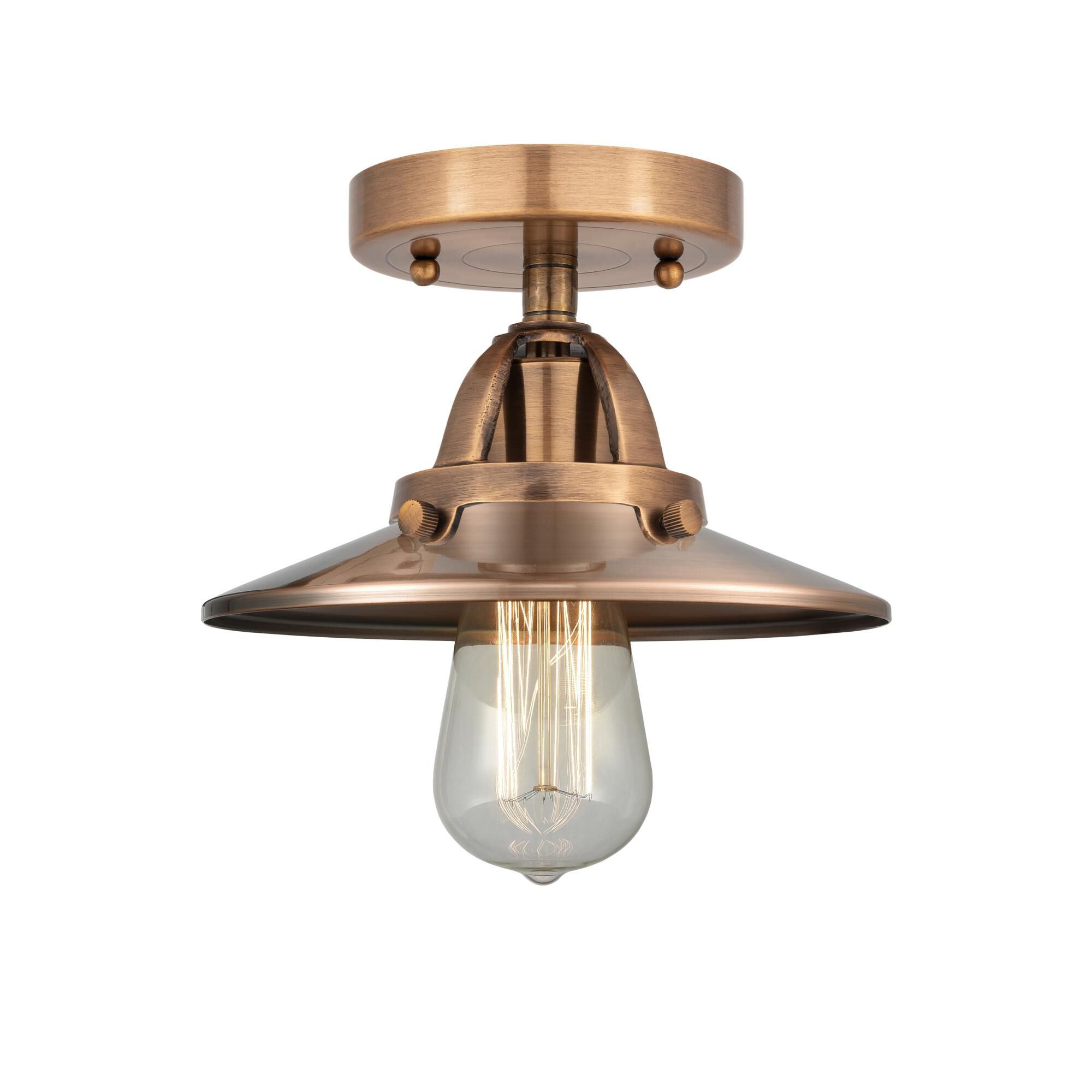 Shown in Antique Copper finish and No Glass glass and Antique Copper Railroad shade