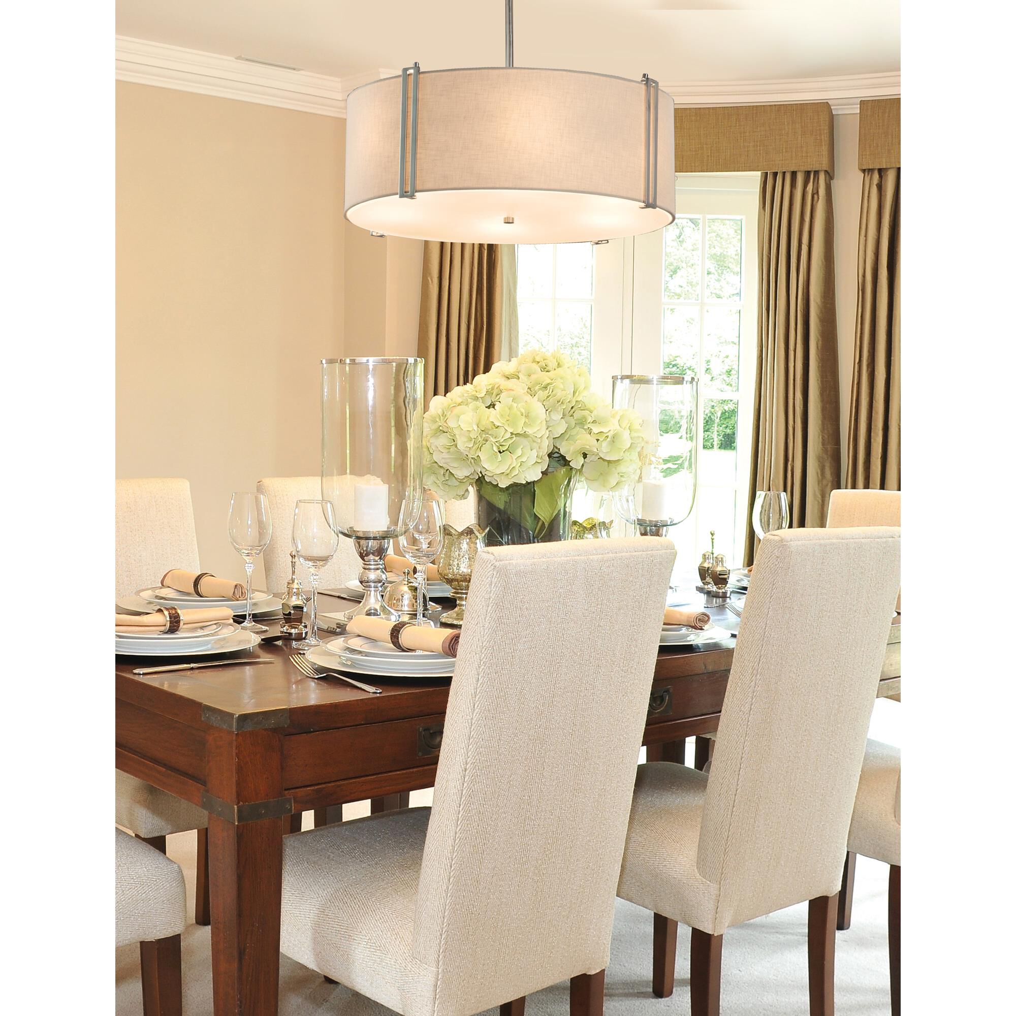 Shown in Brushed Nickel finish and White Woven Fabric shade
