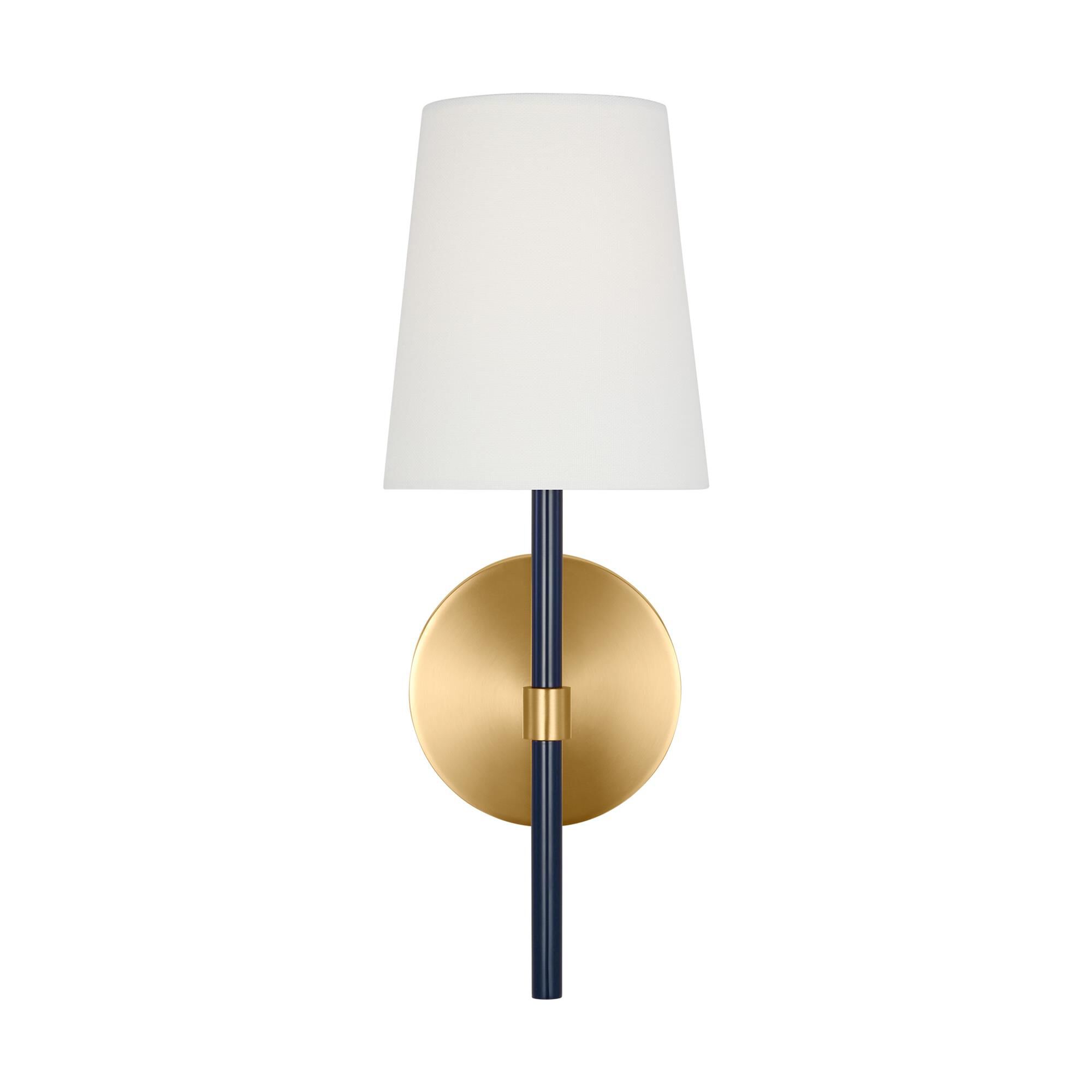 Shown in Burnished Brass finish and White Linen Fabric shade