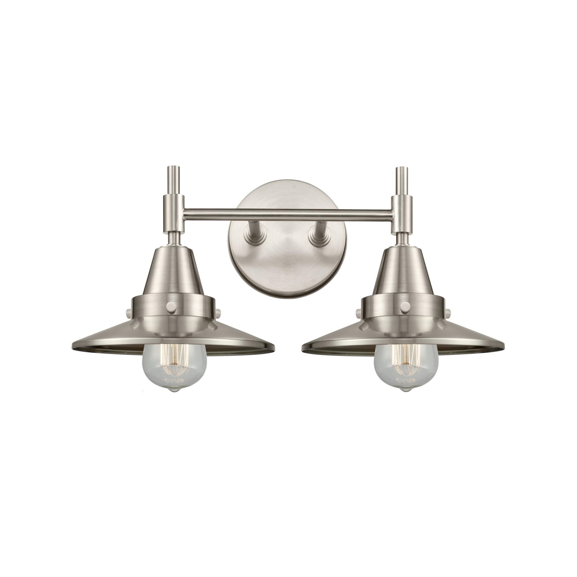 Shown in Satin Nickel finish and Brushed Satin Nickel Railroad shade