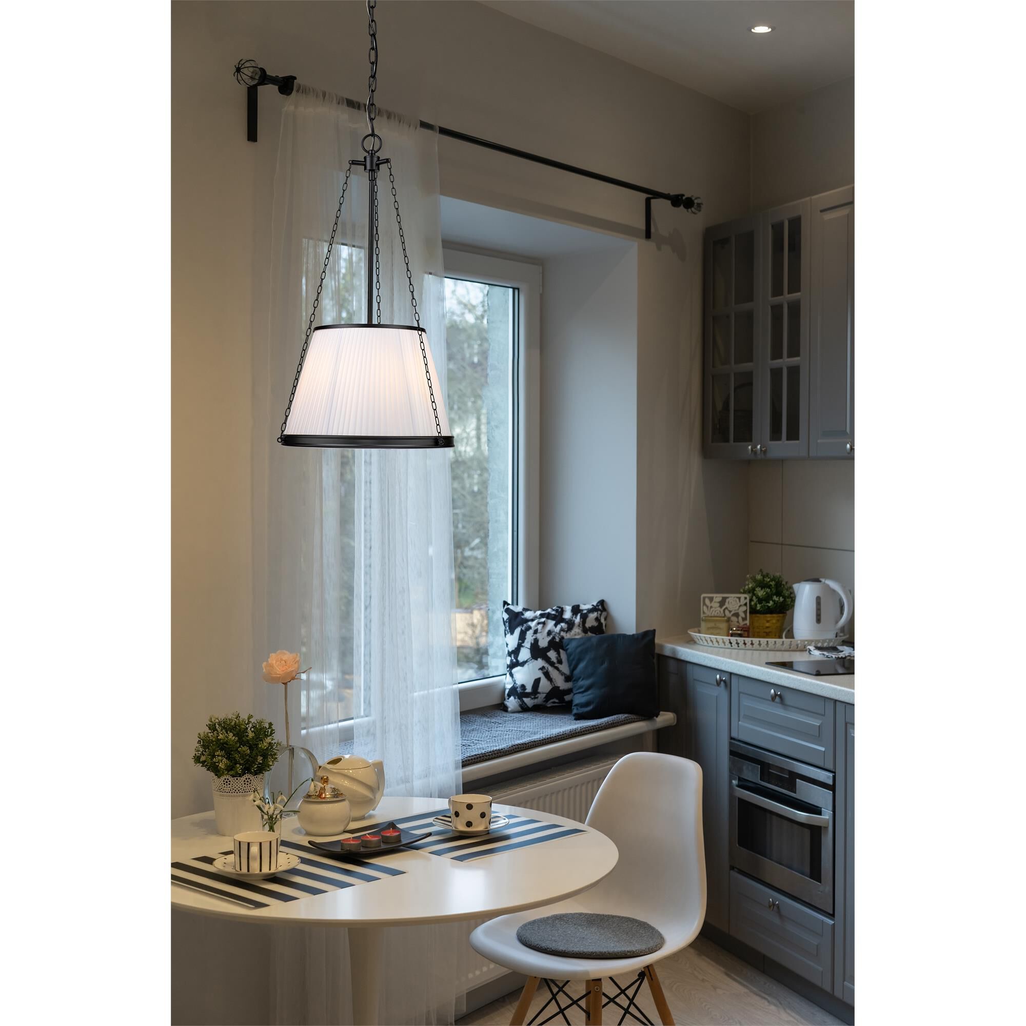 Shown in Matte Black finish and White glass and White shade