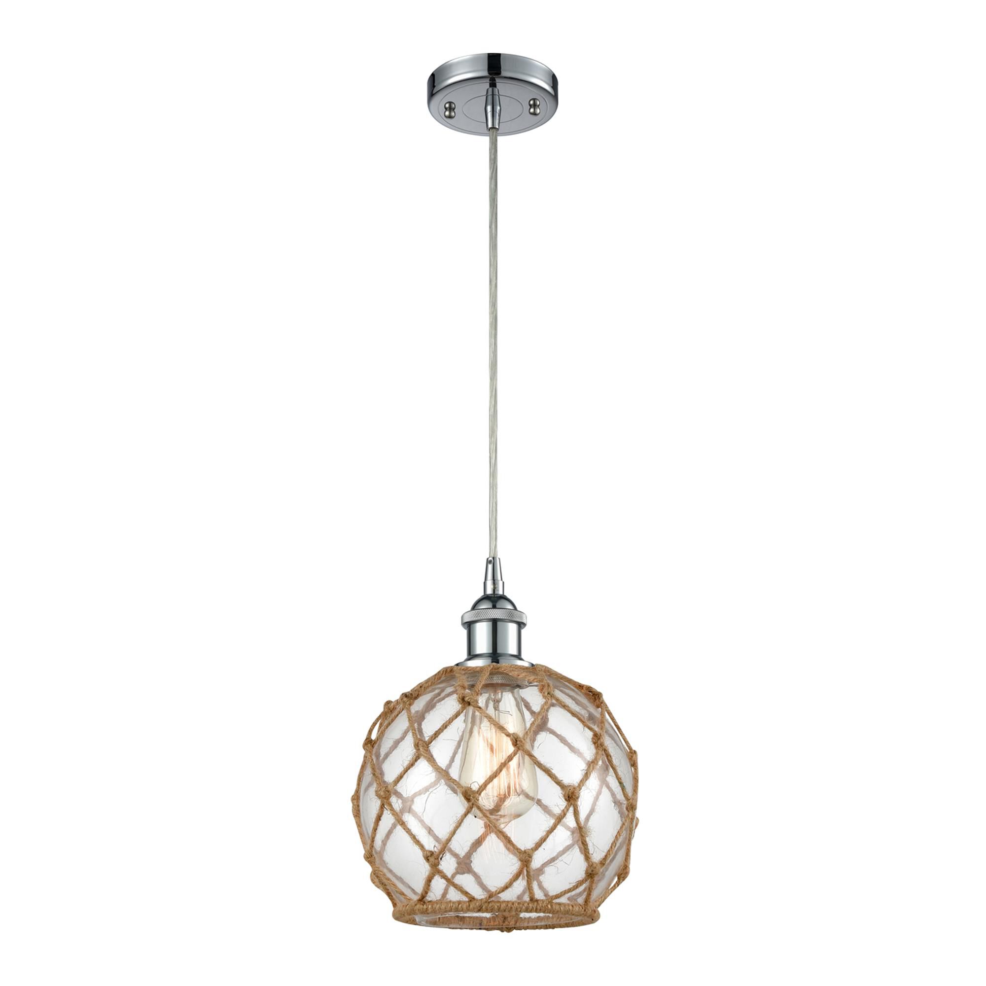 Shown in Polished Chrome finish and Clear With Black Rope glass