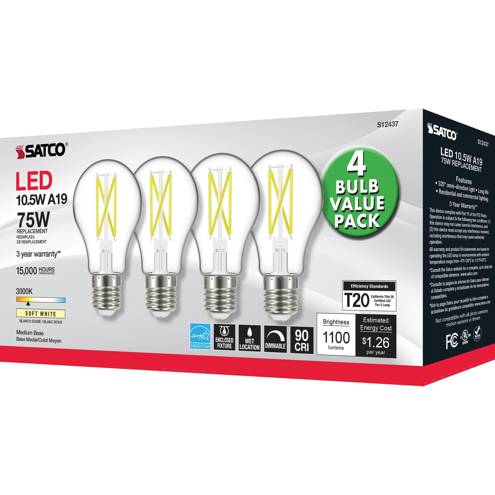 Dimmable 10.5 Watt 3000K A19 LED Light Bulb,