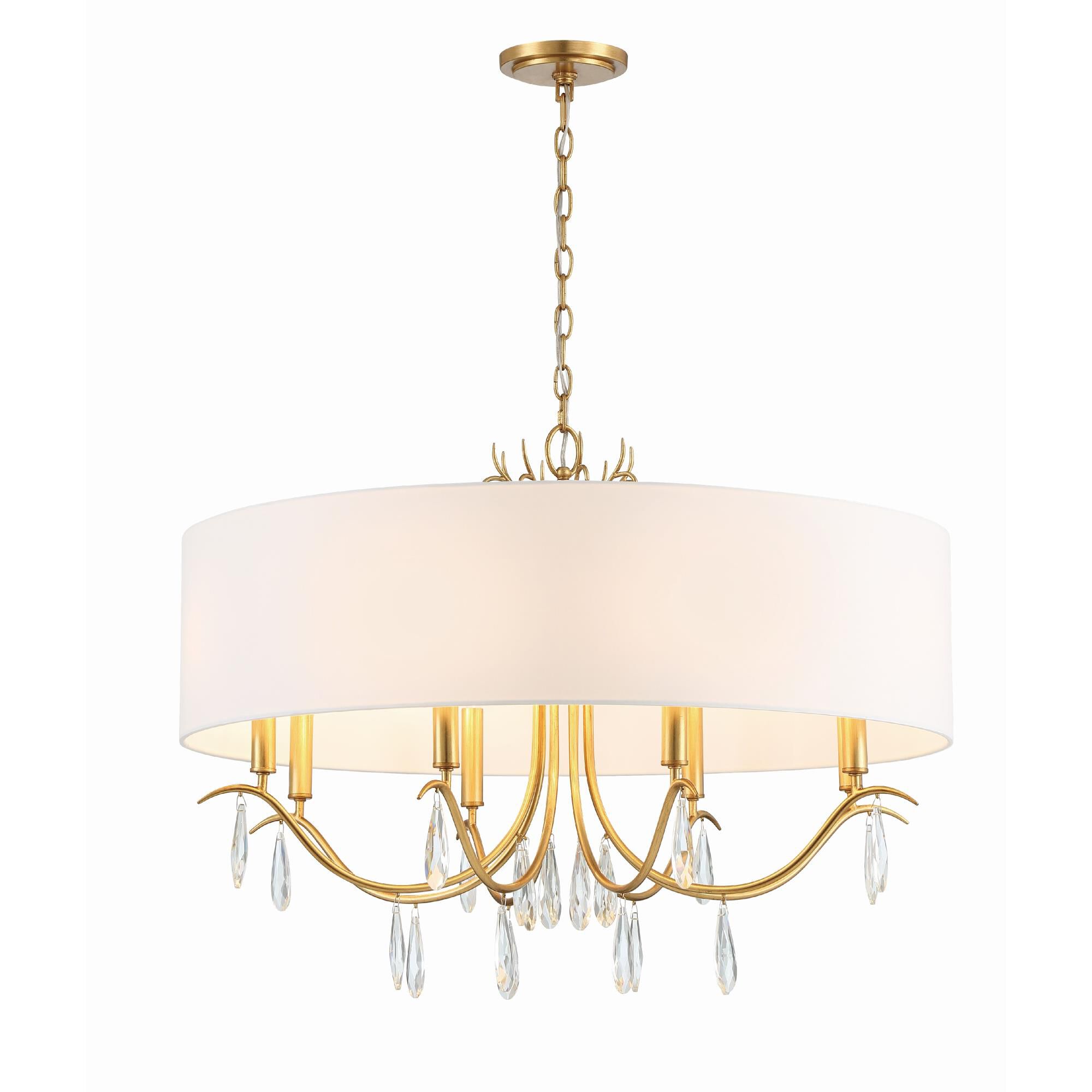 Shown in Antique Gold finish and Hand Cut crystal and Silk glass and Silk shade
