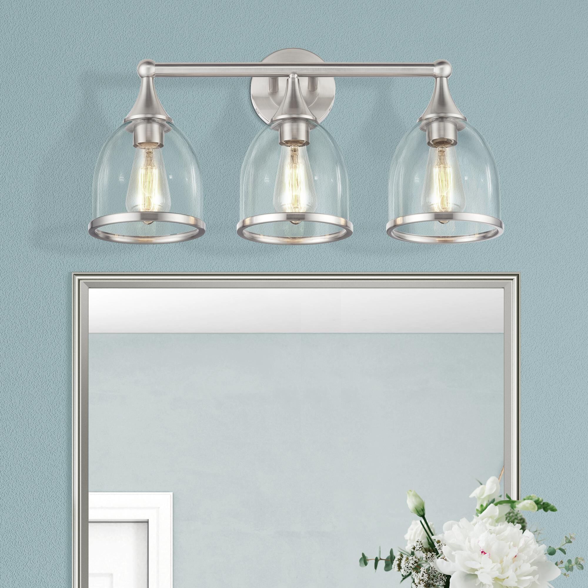 Shown in Brushed Nickel finish and Mouth Blown Clear glass