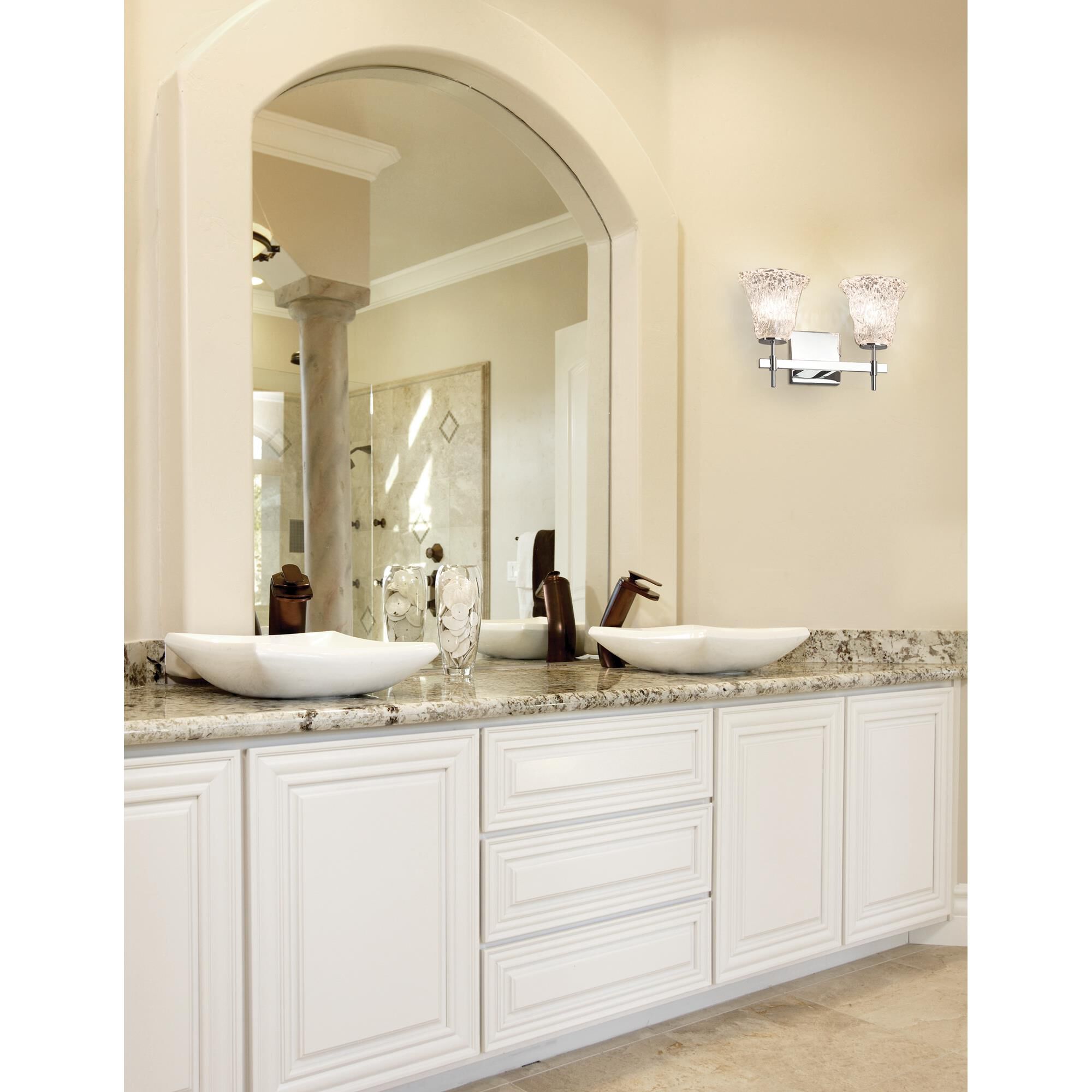 Shown in Polished Chrome finish and Lace Venetian glass and Round Flared accent
