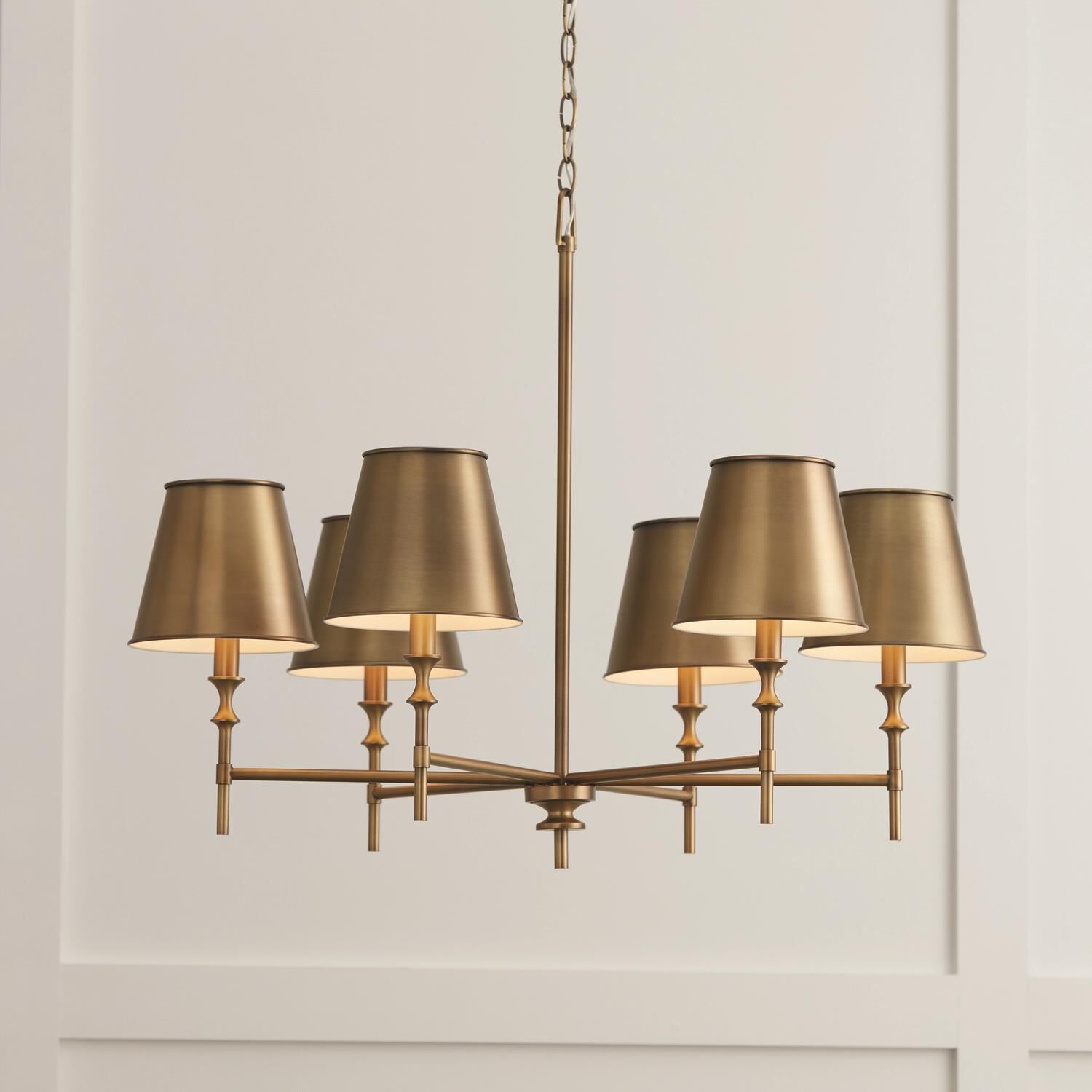 Shown in Aged Brass finish and Aged Brass Metal Stay-Straight  with White Interior shade