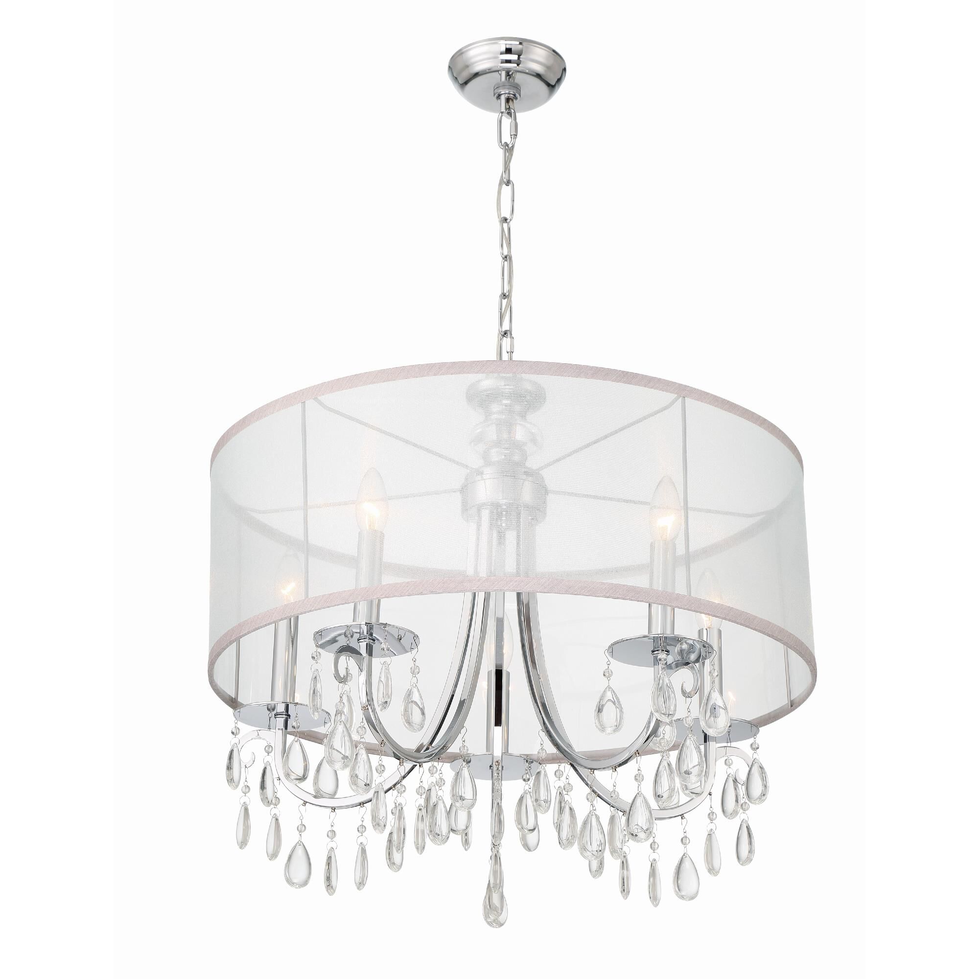 Shown in Polished Chrome finish and Clear Teardrop Almond crystal and Silk glass and Translucent Silver shade